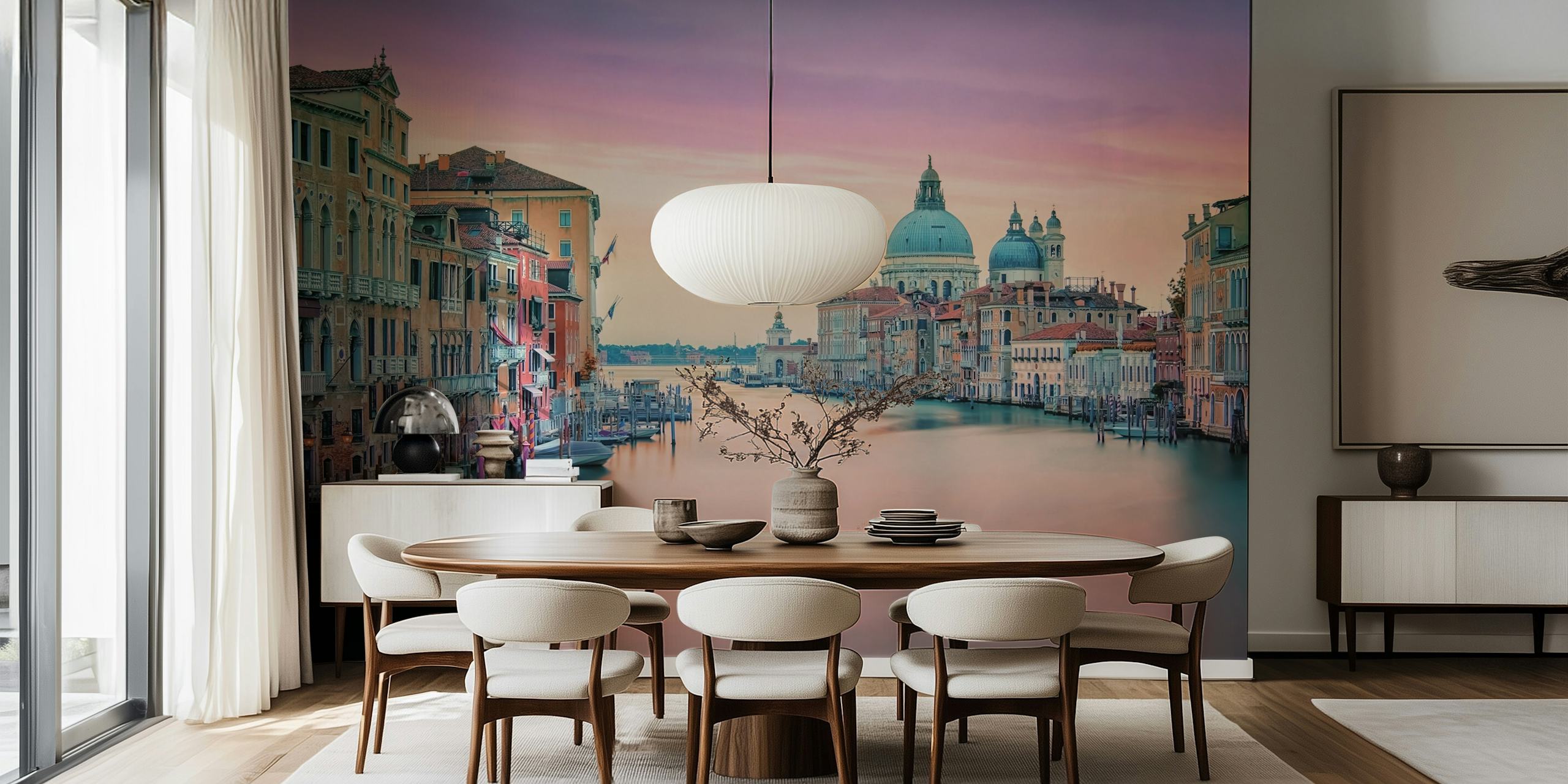 Papel de parede Pink Venice exibido em um quarto