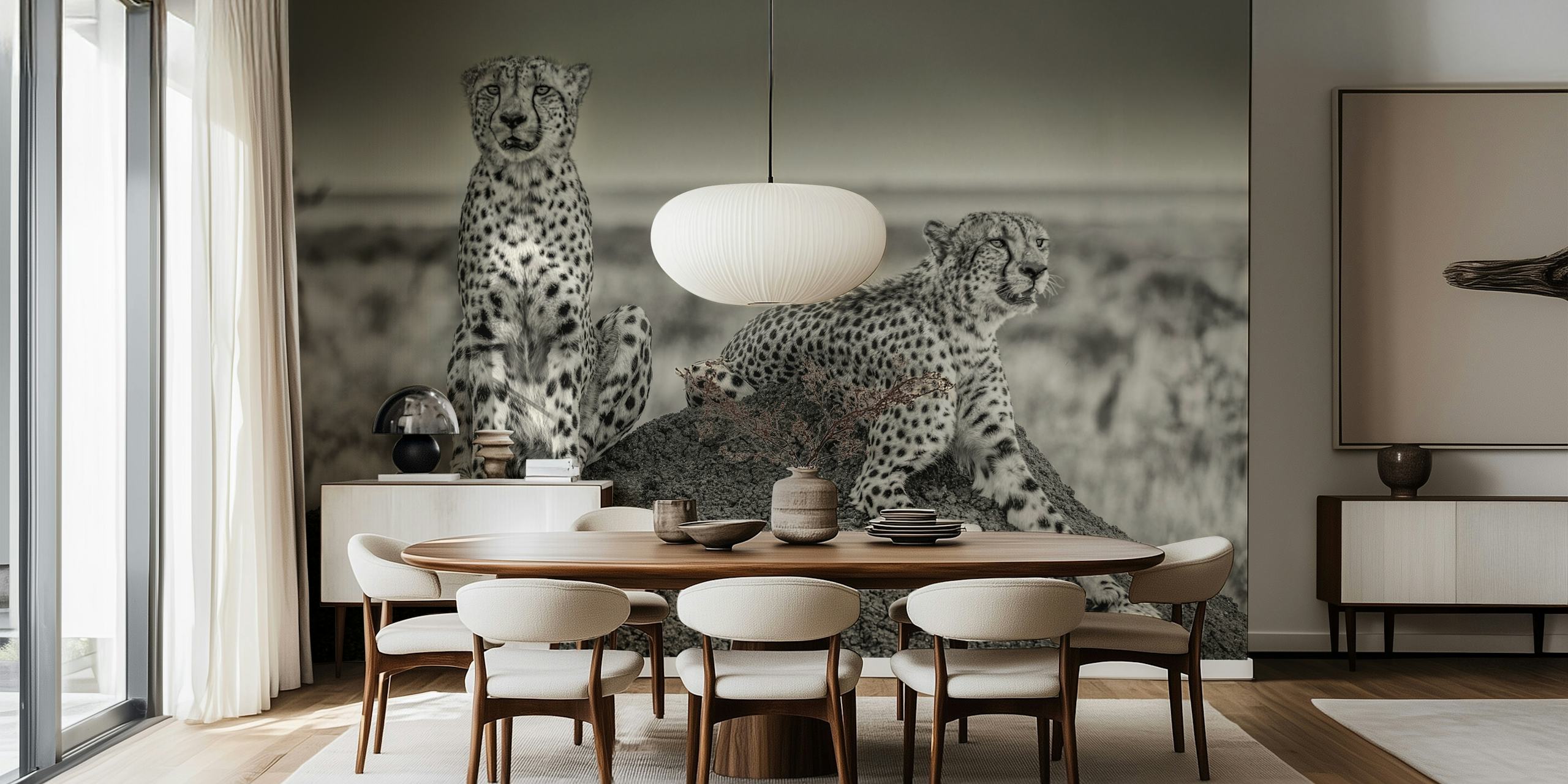 Black and white wall mural of two cheetahs on the lookout in the savannah