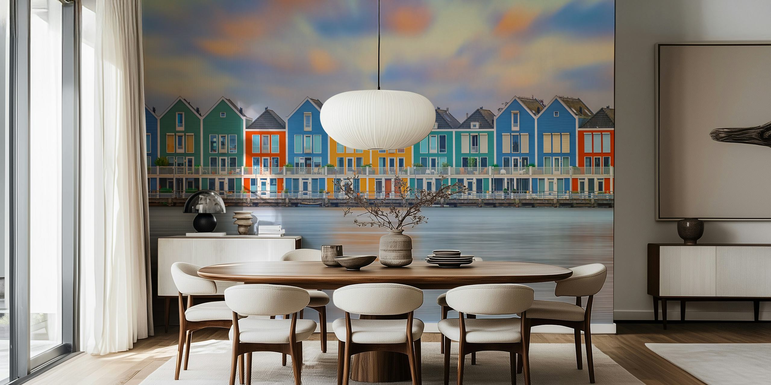 Colorful Dutch houses with orange, blue, green, and yellow colors, reflecting on calm water wallpaper