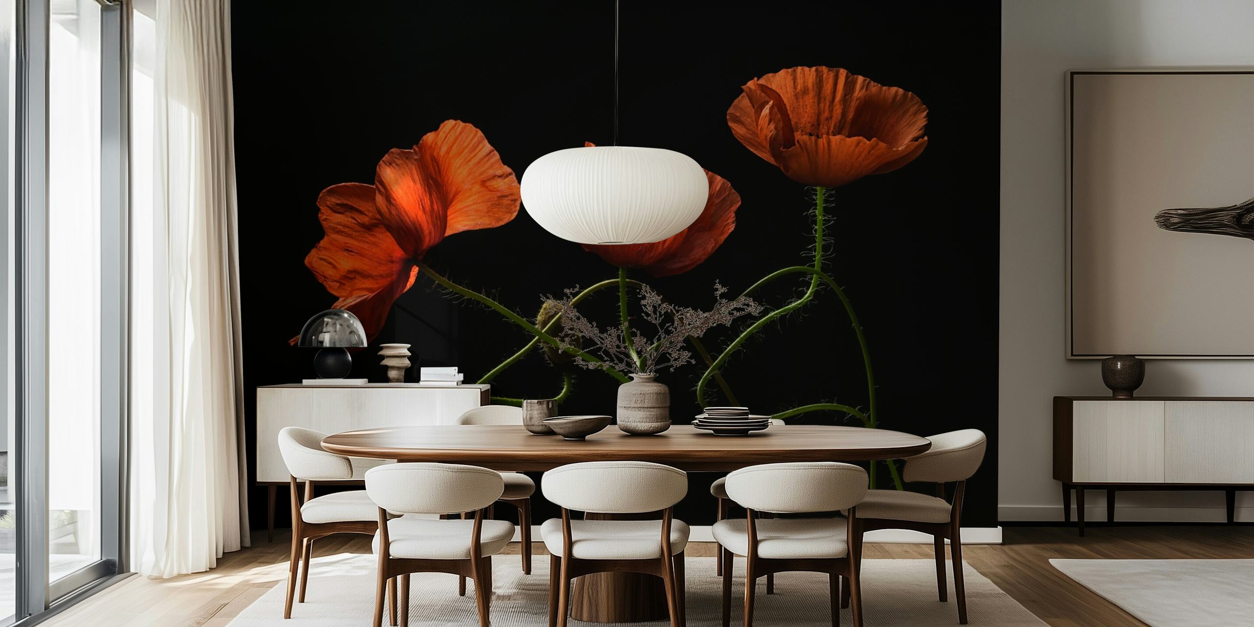 Three red poppy flowers on a black background wallpaper