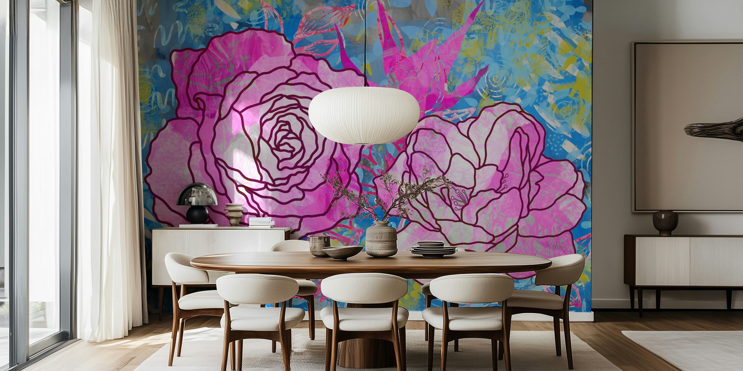 Magical pink roses wallpaper in a room