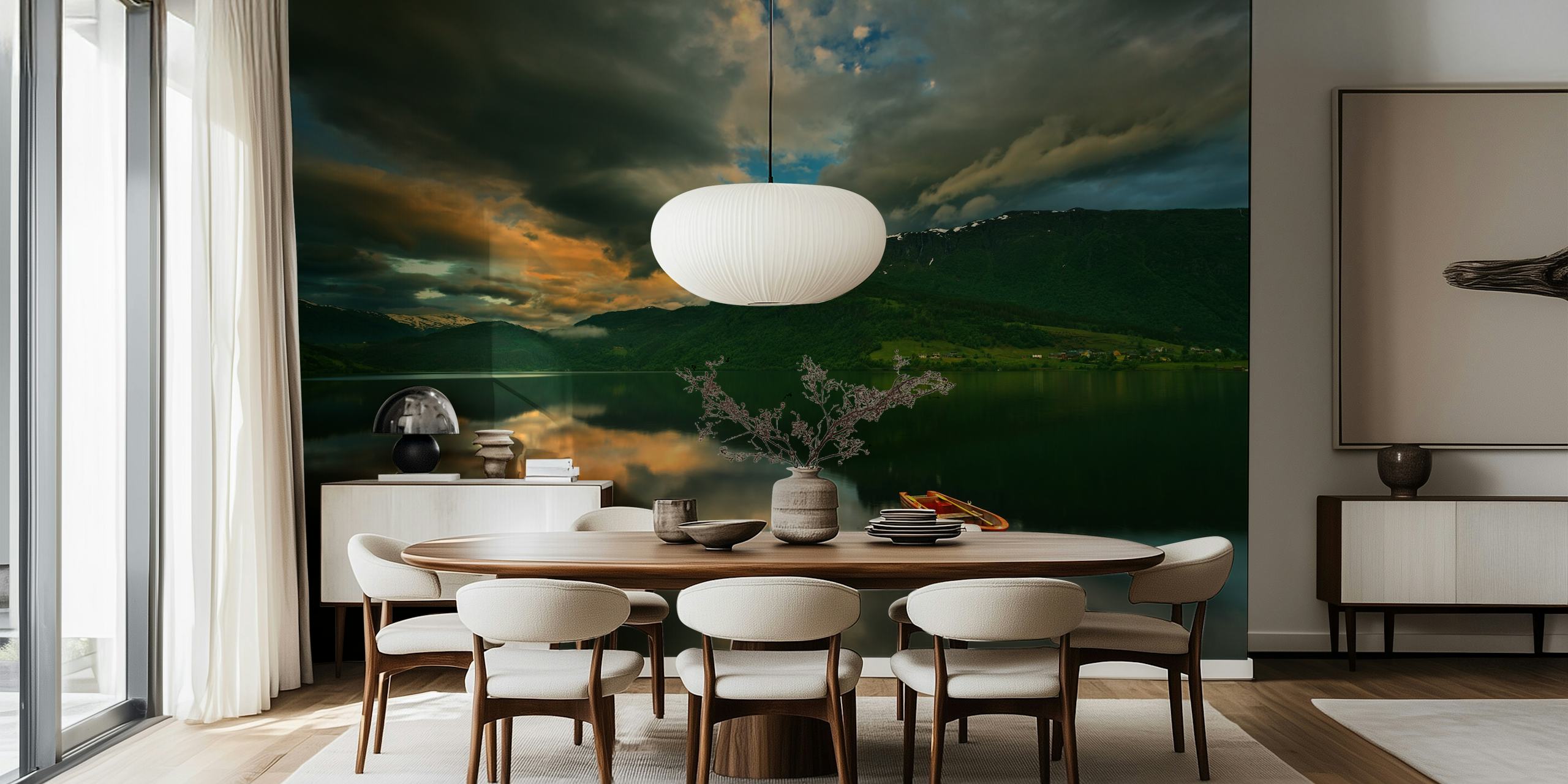 Boat wallpaper displayed in a room