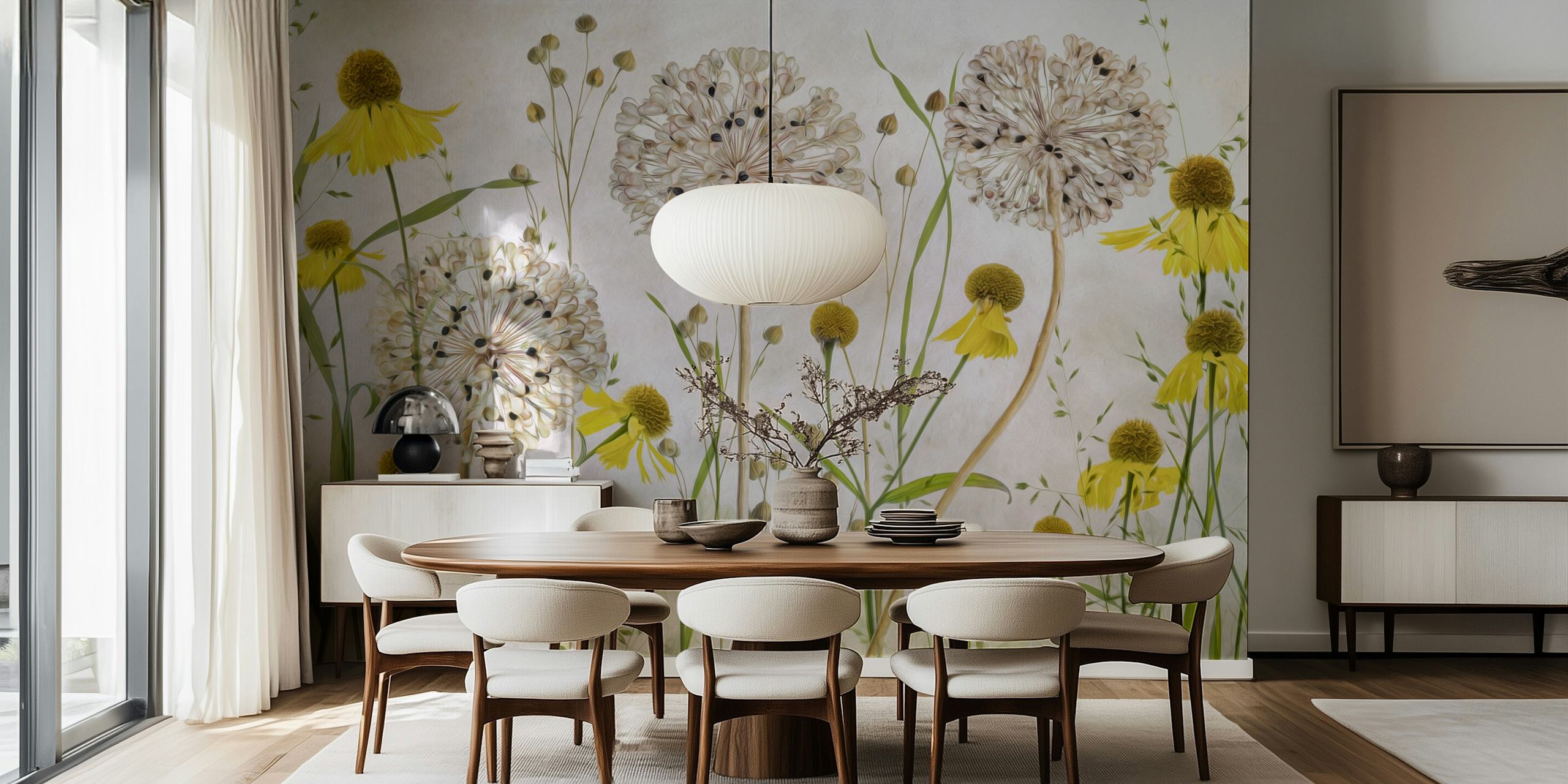Floral design with yellow and white flowers and green stems wallpaper