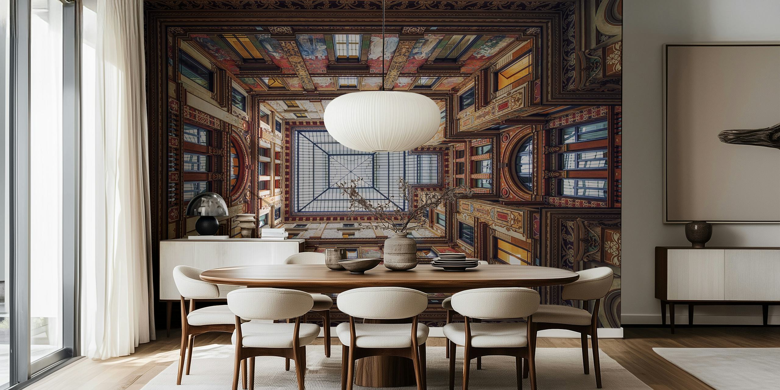 Stropní nástěnná malba Galleria Sciarra Řím zachycující renesanční umění a architekturu.