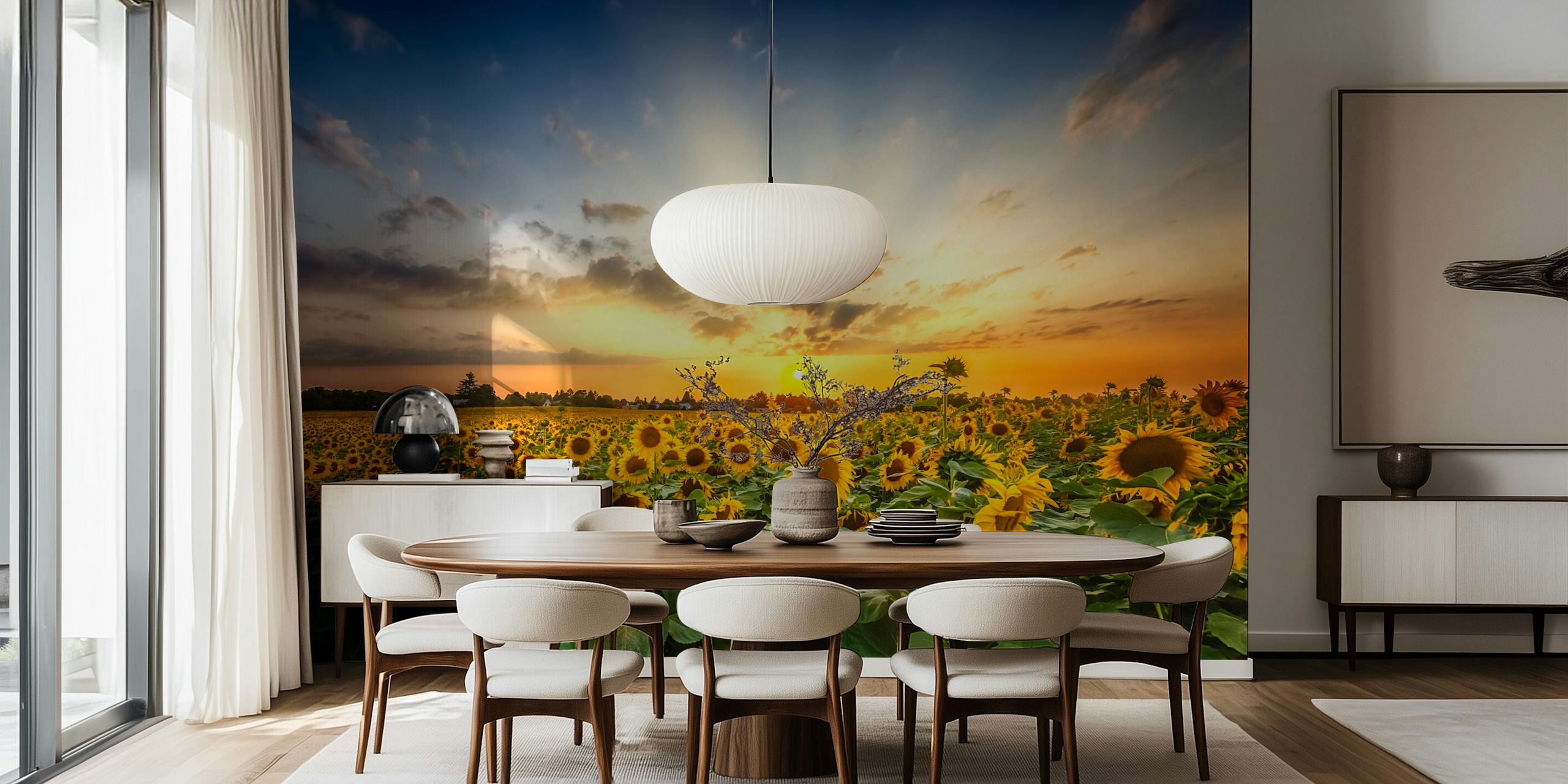 Sonnenblumenfeld bei Sonnenuntergang Fototapete mit goldenem Himmel