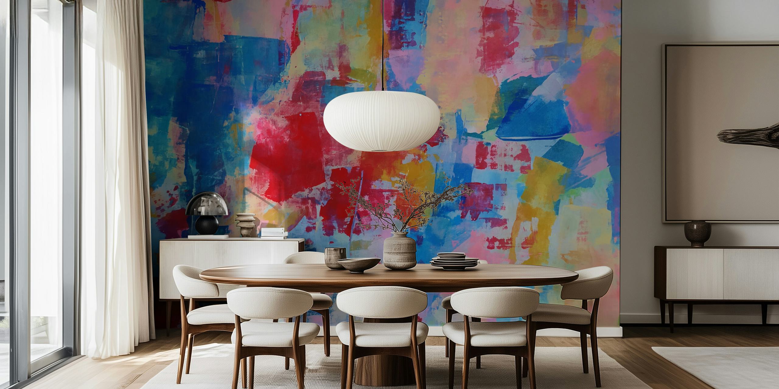 Colorful abstract brush strokes in red, blue, pink, and yellow wallpaper