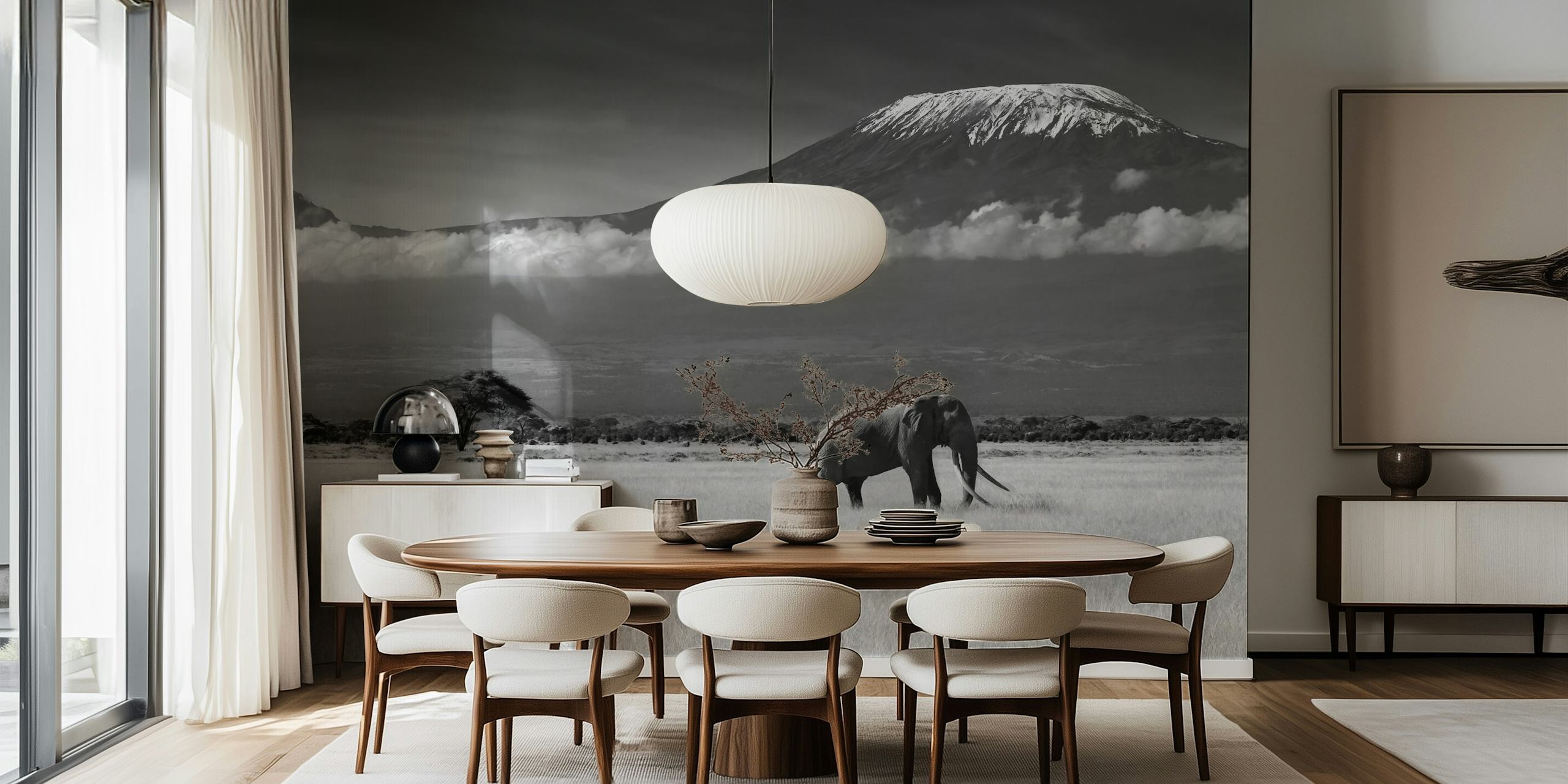 Black and white elephant in a savannah landscape wallpaper