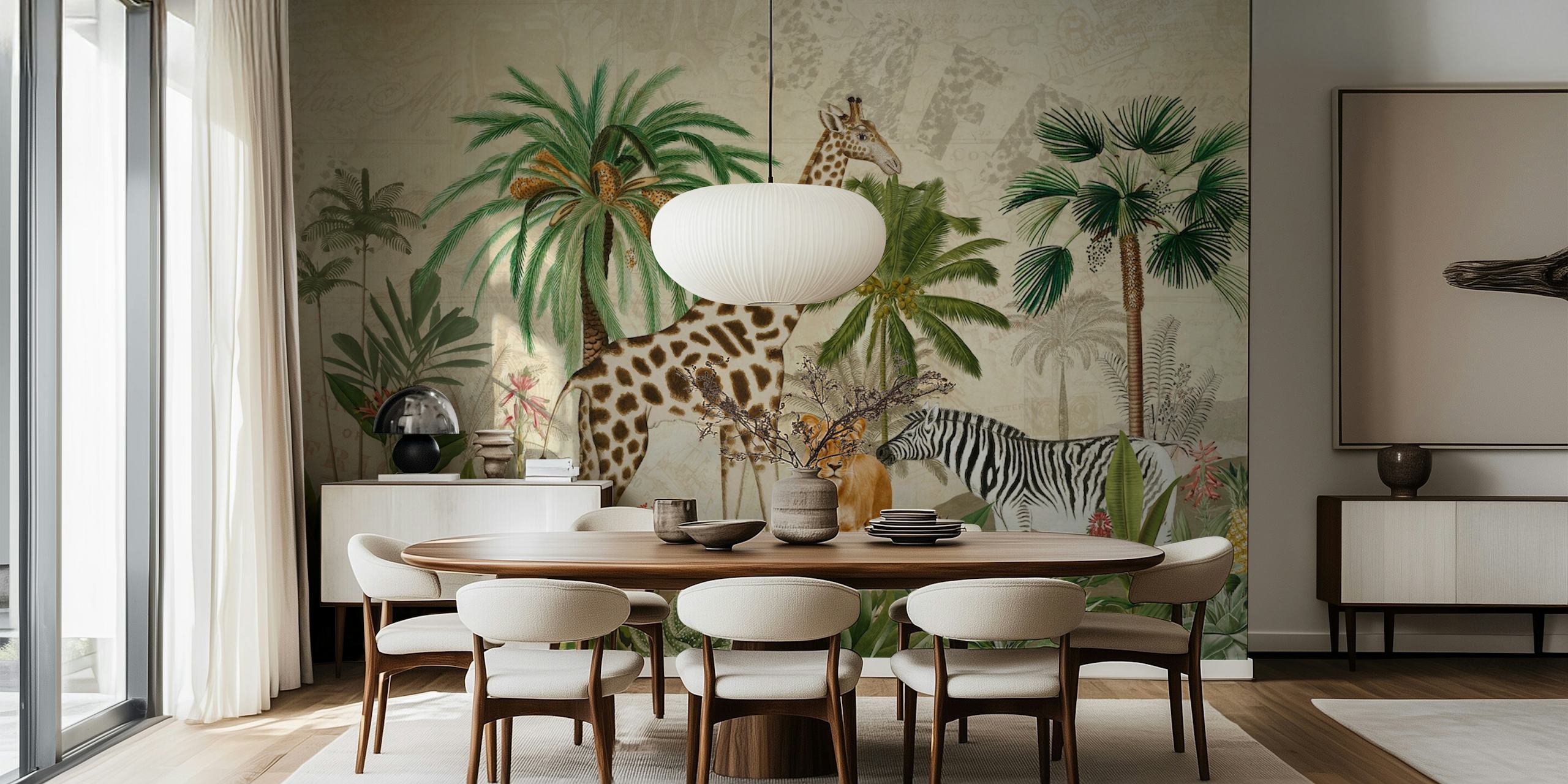 Vintage style jungle safari wall mural featuring giraffes, leopards, and zebras in a lush setting