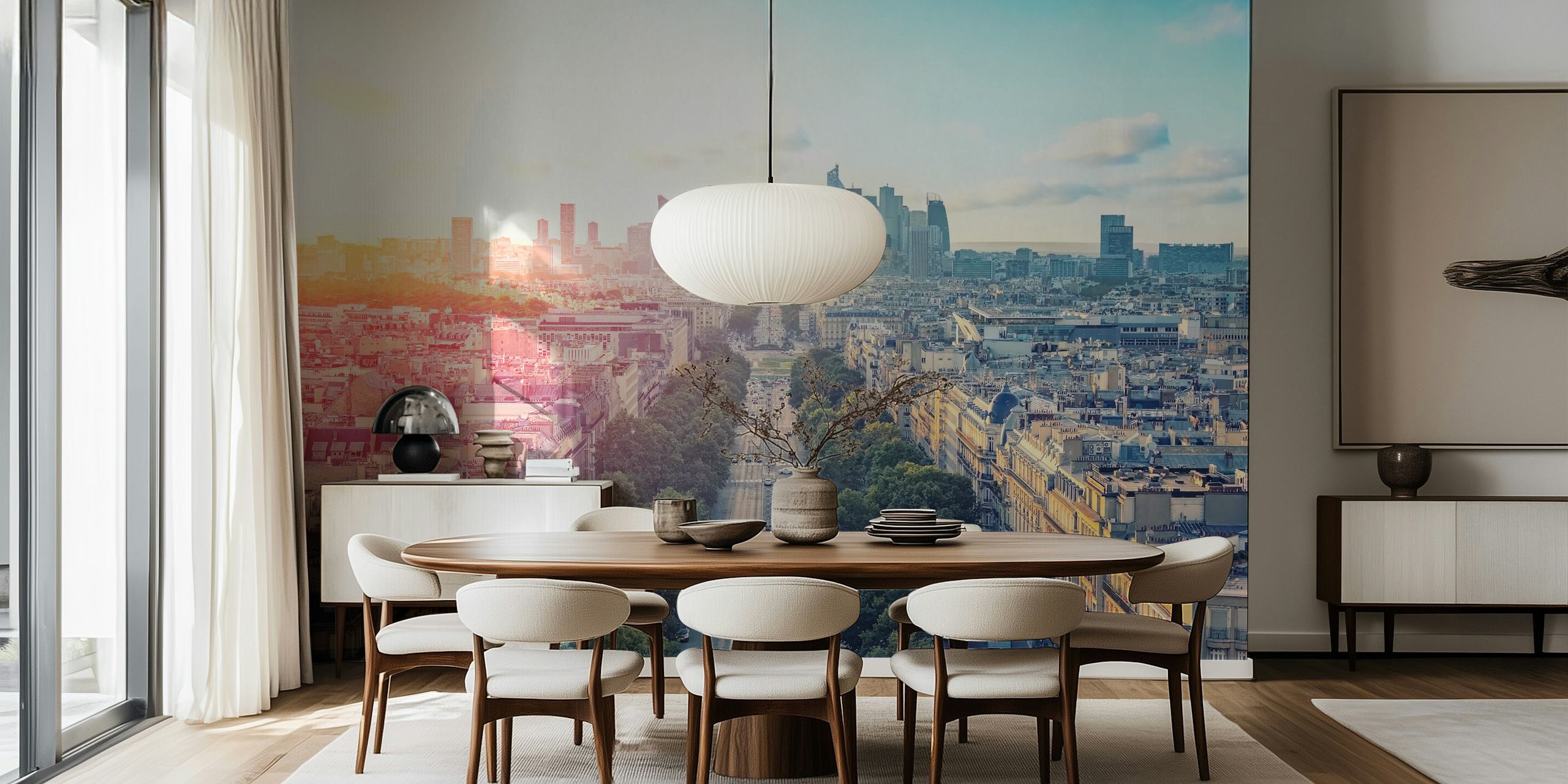 Panoramic view of Paris cityscape with buildings, trees, and blue sky wallpaper