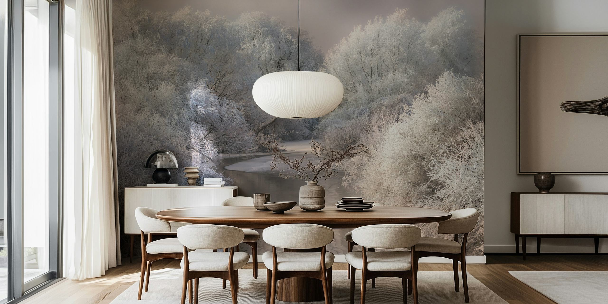 River surrounded by frosty trees in whites and blues wallpaper