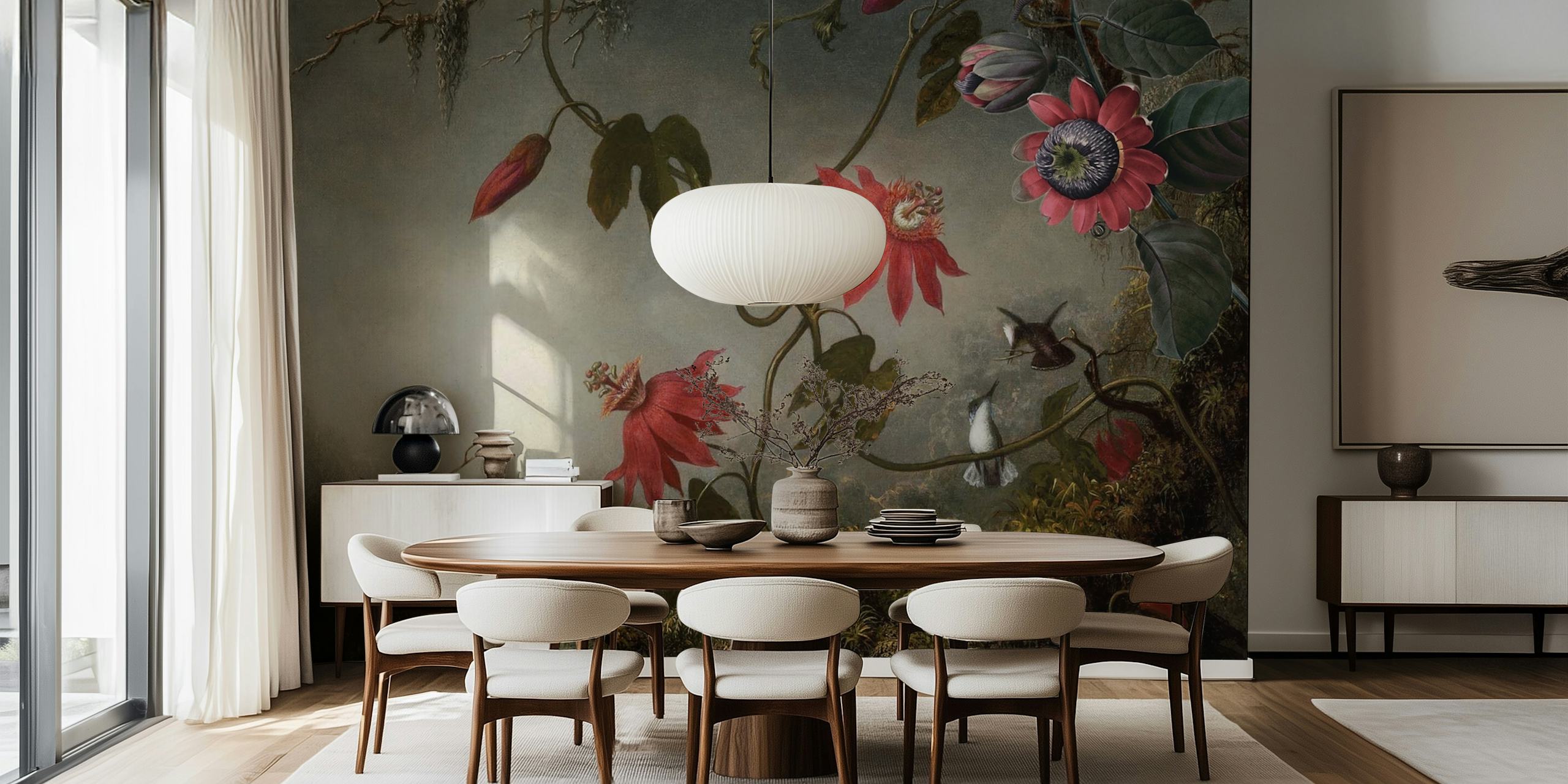 Tropical Flower Jungle wallpaper tentoongesteld in een kamer