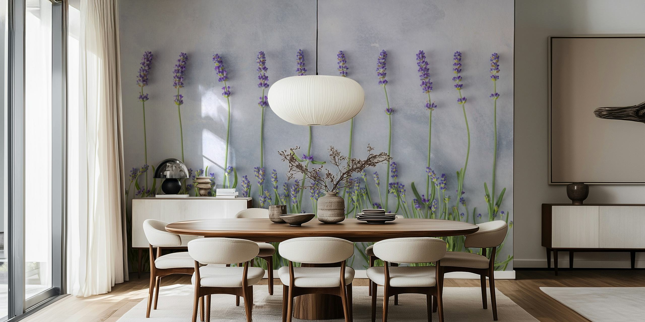 Row of lavender flowers on a soft gray background wallpaper