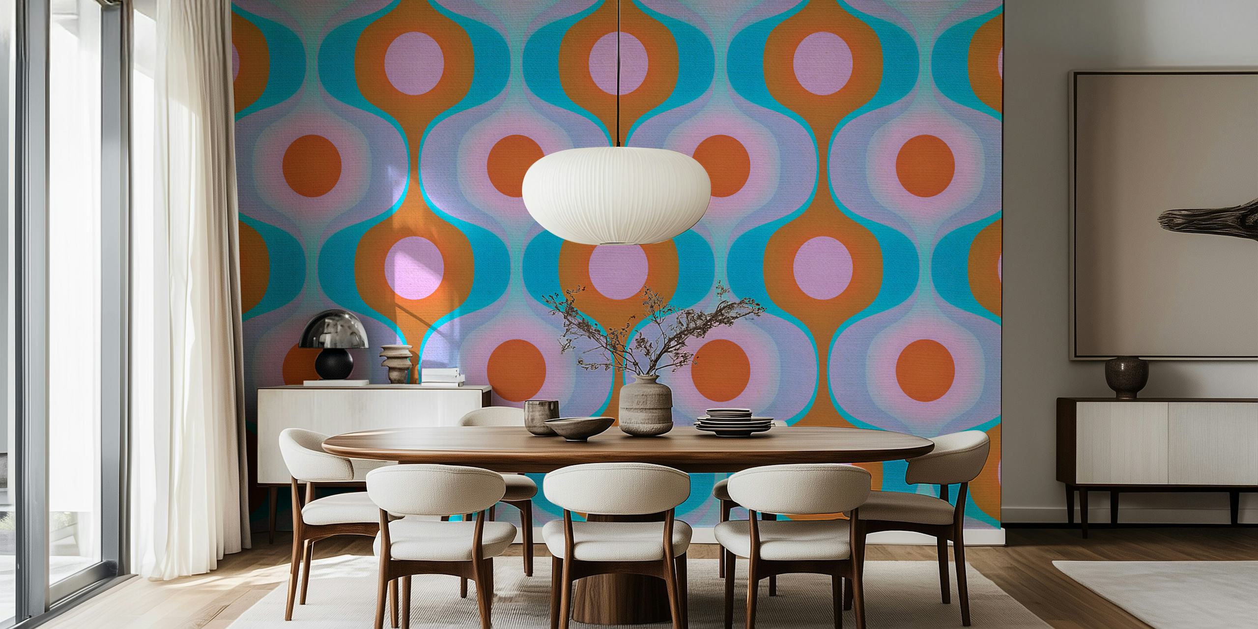 Mid Century Retro Levendige muurschildering met geometrische patronen in groenblauw, oranje en wit