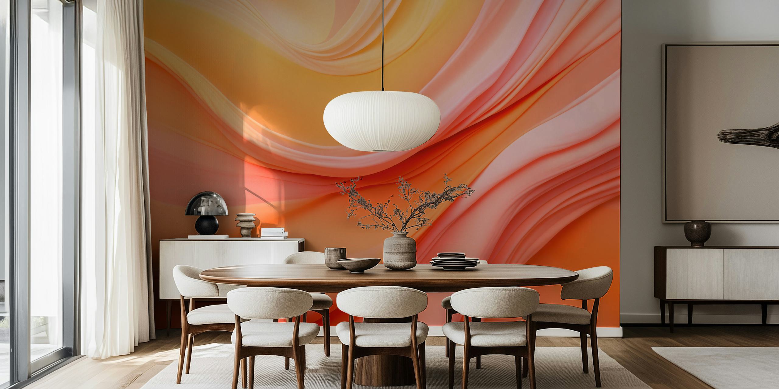 Warm Wave Abstract Pink Orange Art em um quarto
