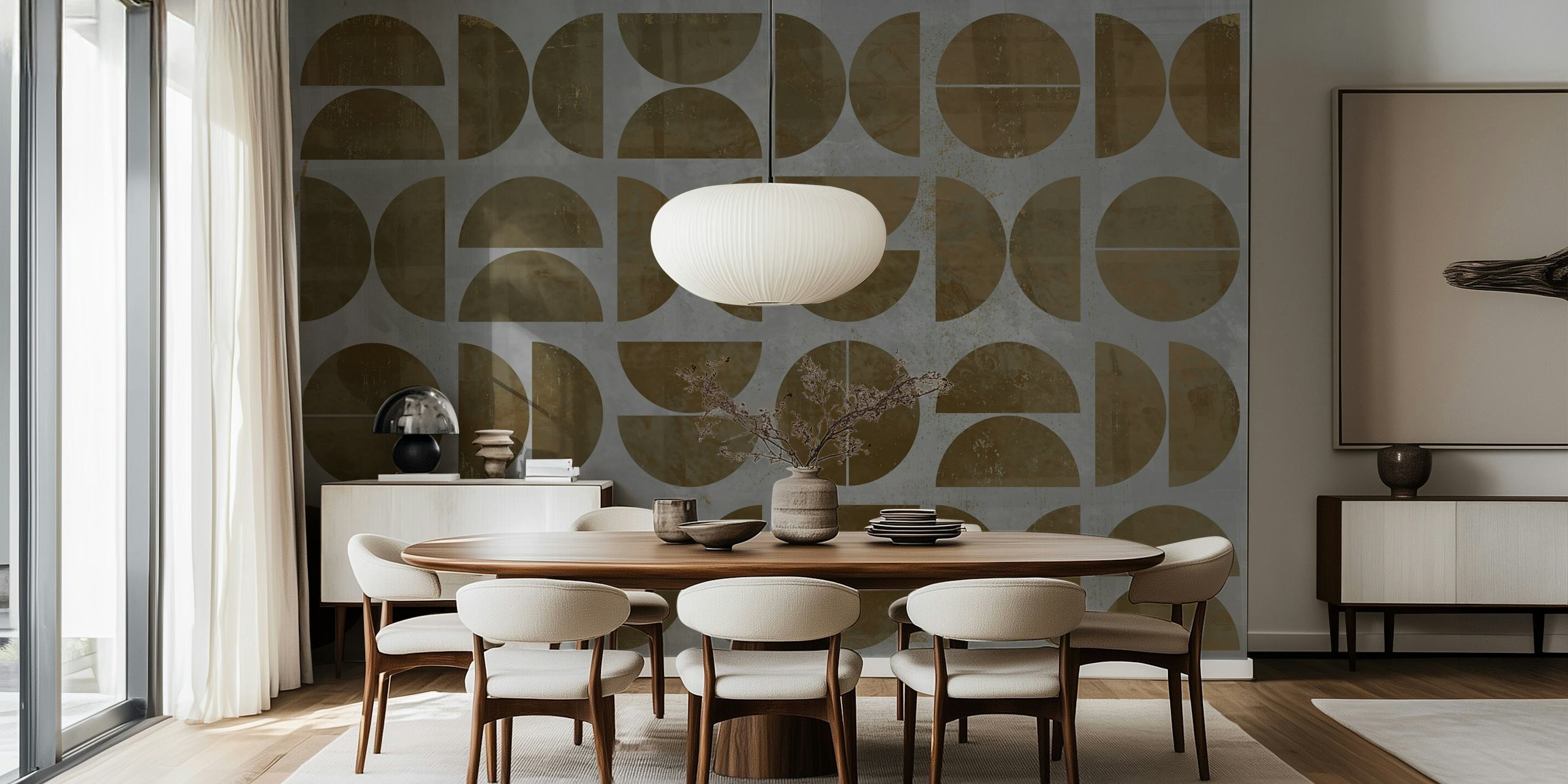 Geometric shapes in dark brown on gray background wallpaper