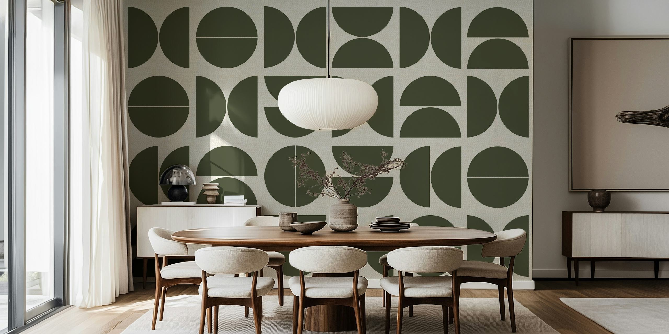 Geometric patterns in forest green on a light backdrop wallpaper