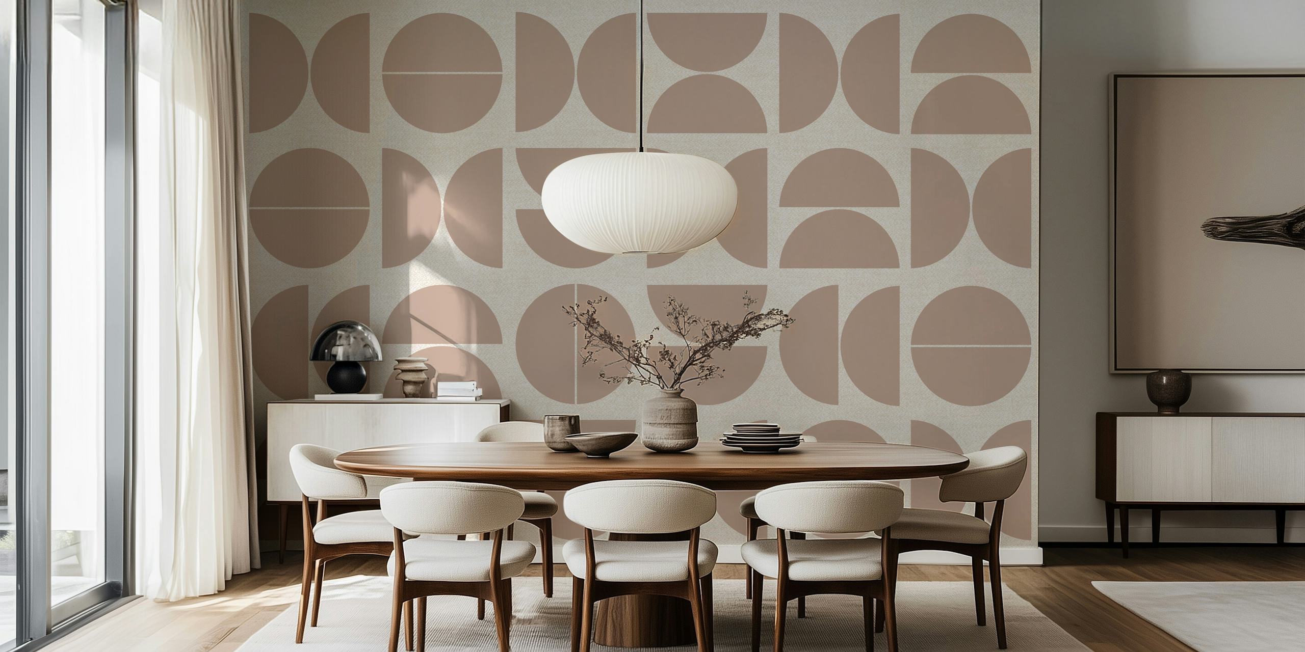 Geometric patterns in dusty pink and beige wallpaper