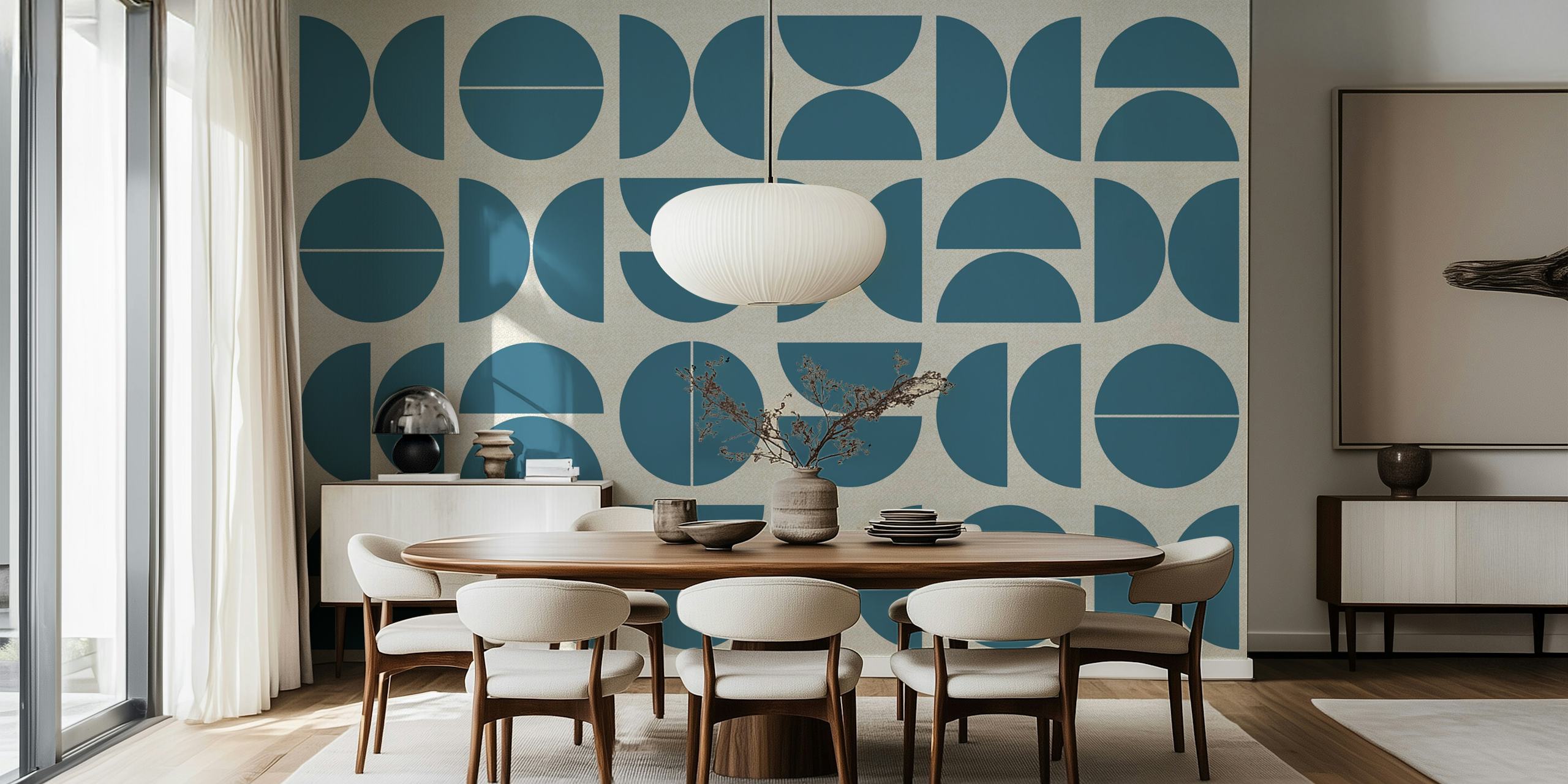Abstract Bauhaus-style wall mural with geometric circular patterns in shades of blue