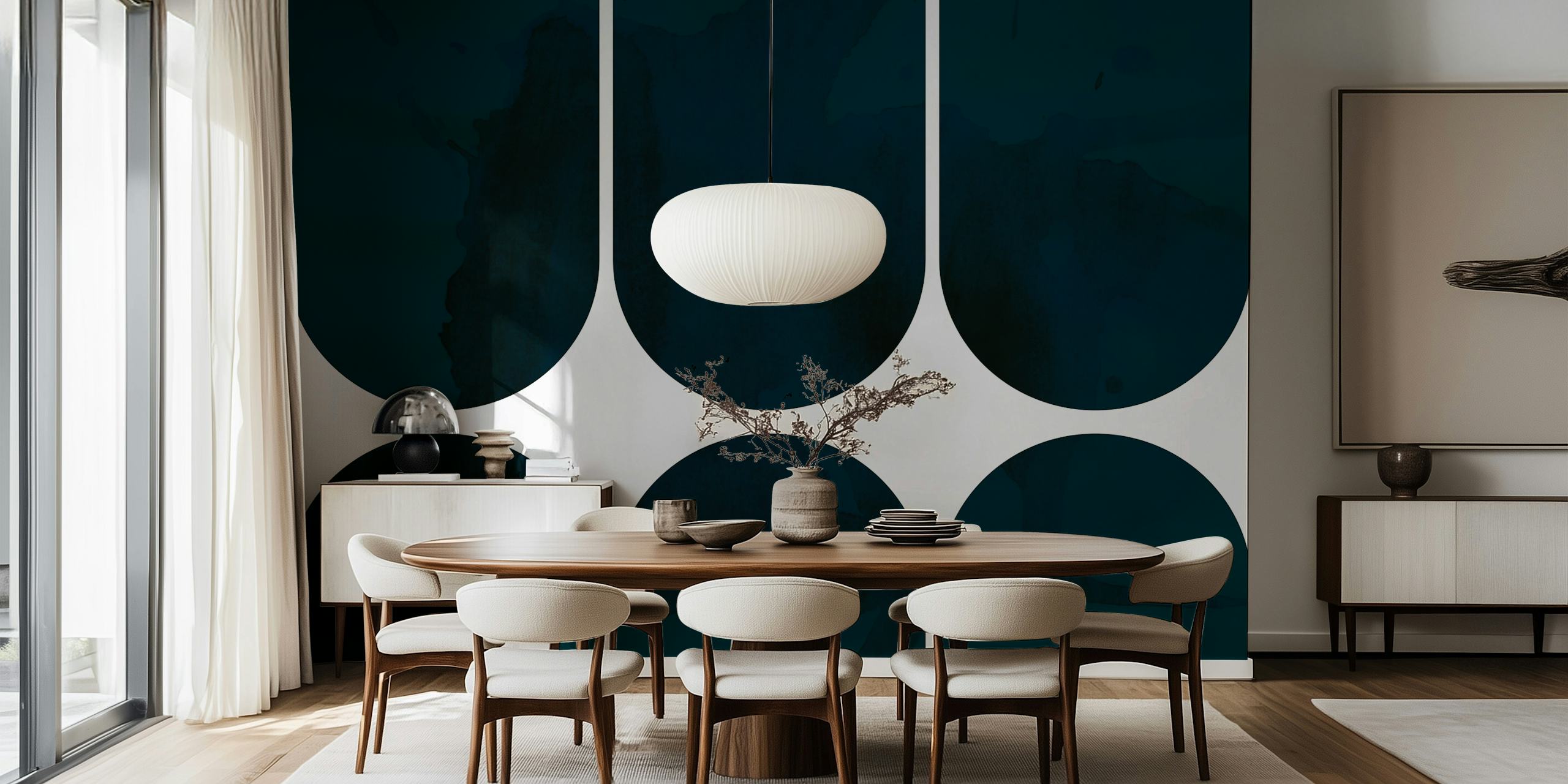 Geometric blue and white pattern wallpaper in arches style