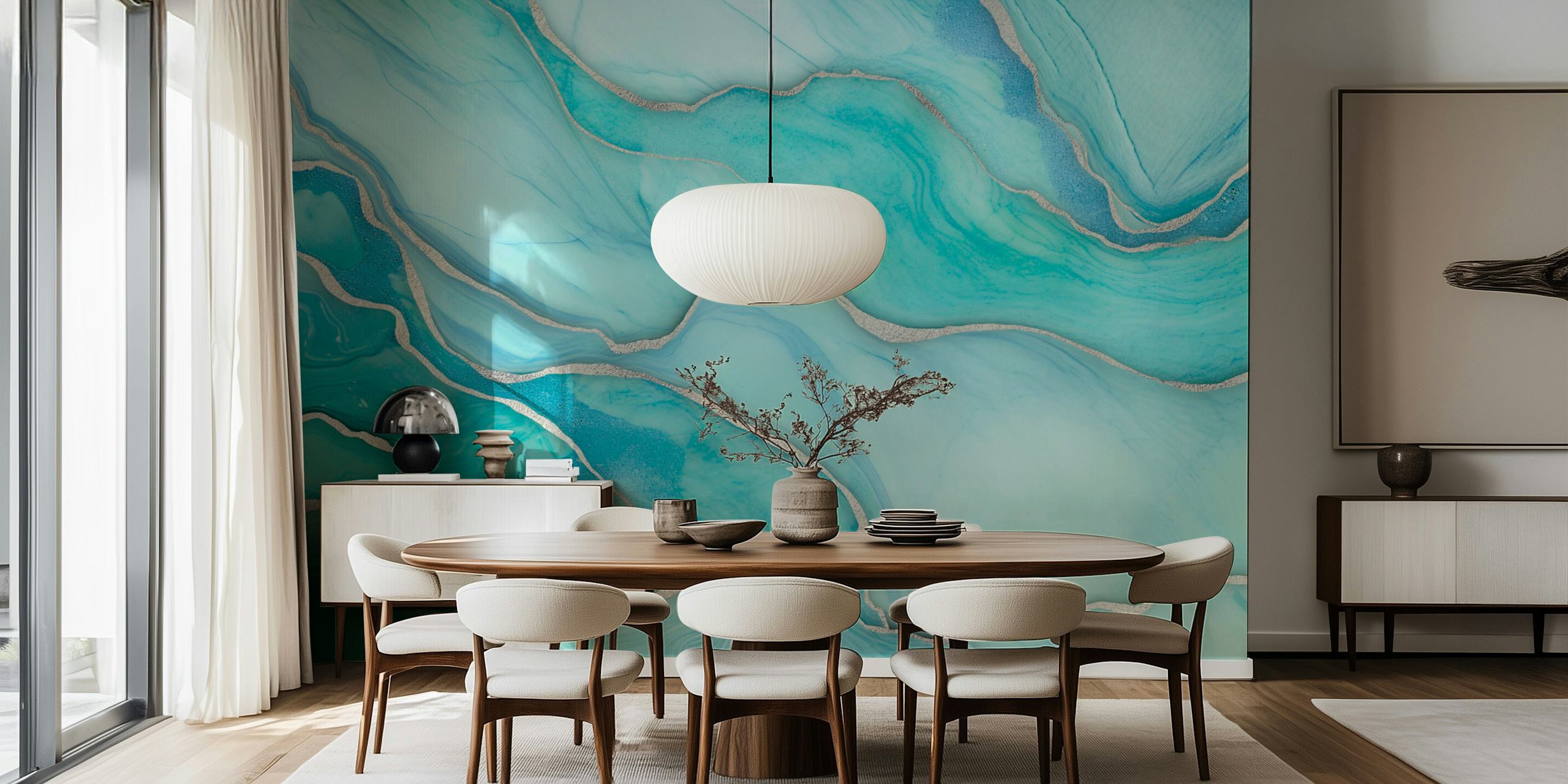 Aqua turquoise marble wallpaper in soft waves with gold accents