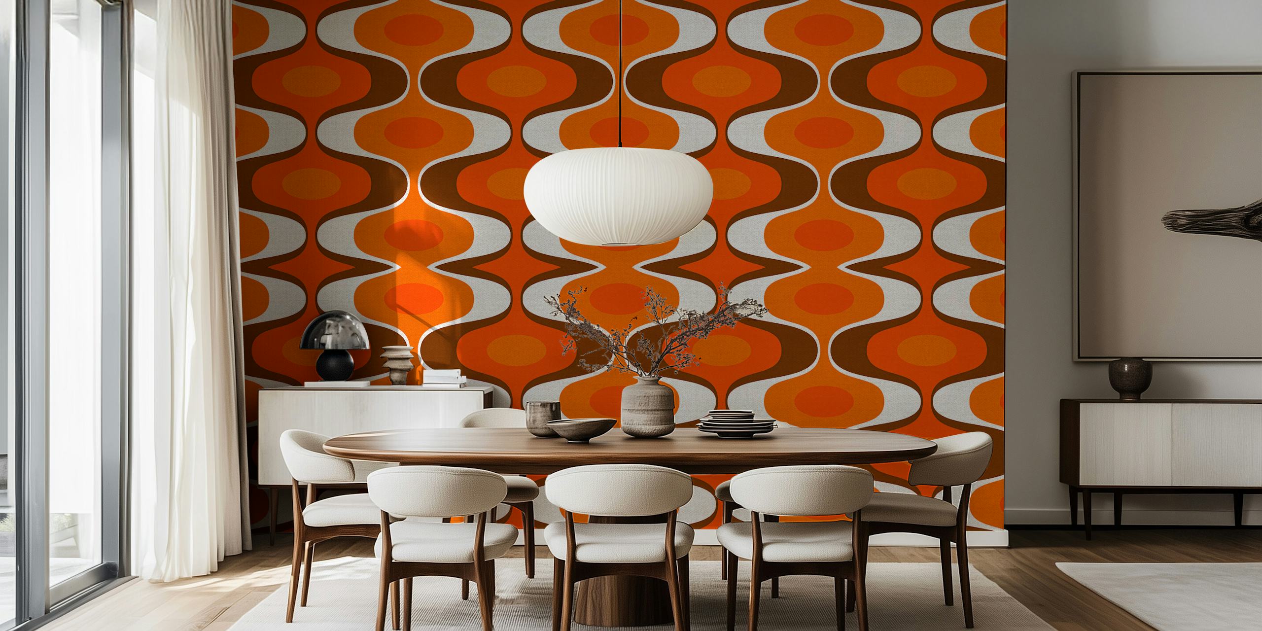 Vintage-inspired wall mural with a 70s retro groovy pattern in orange and brown colors.