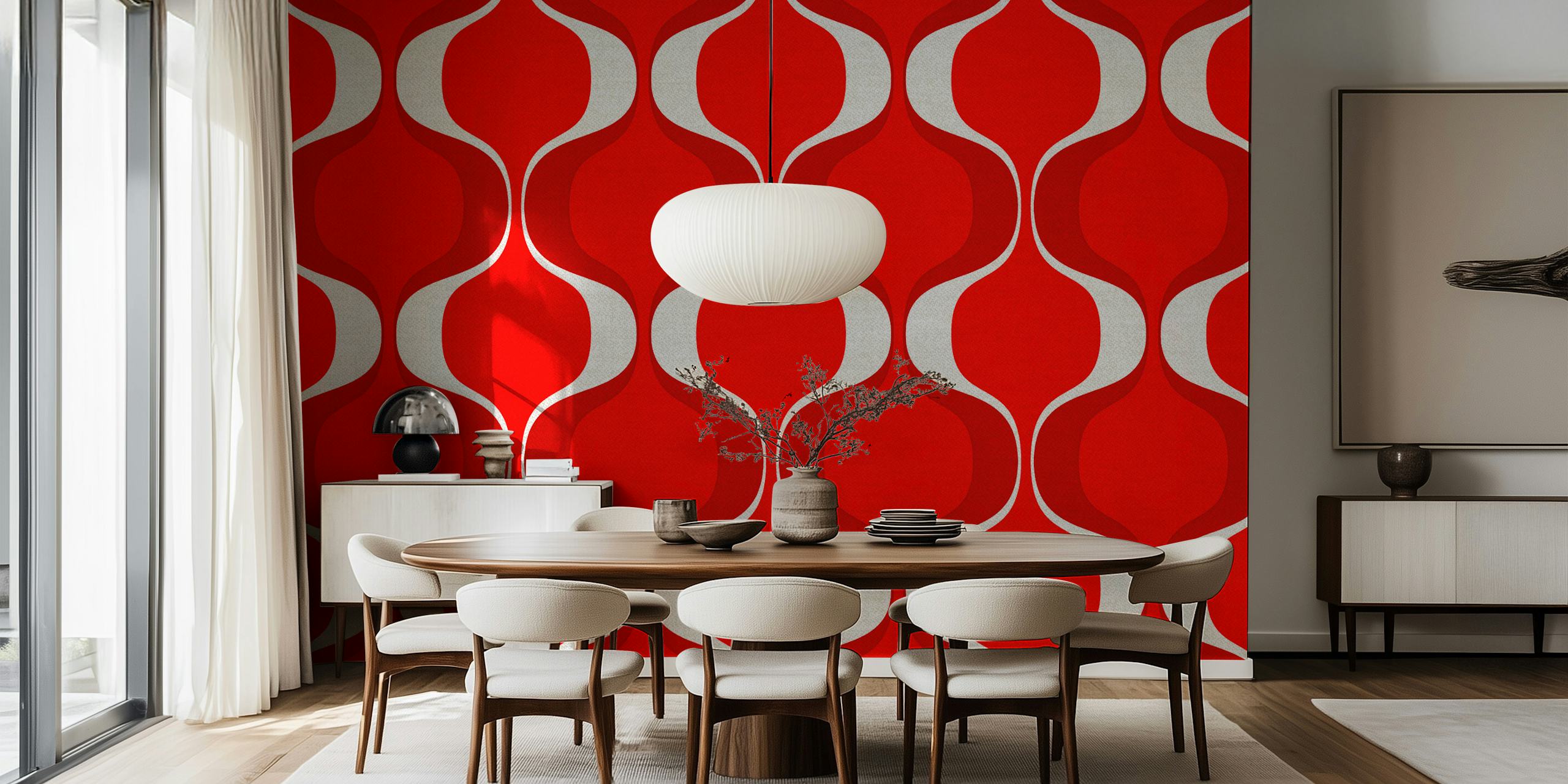 papel pintado Retro 70s Funky Red Geo en una habitación