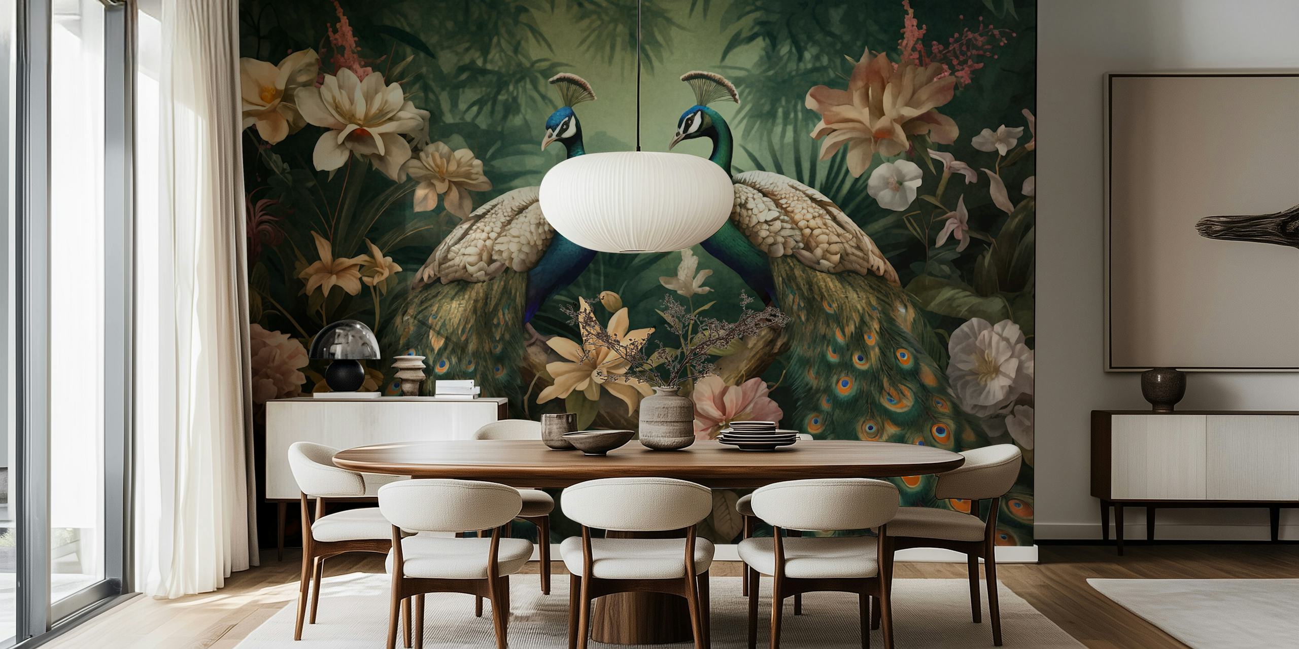 Wall mural of two peacocks in a floral jungle garden with intricate flowers and leaves.