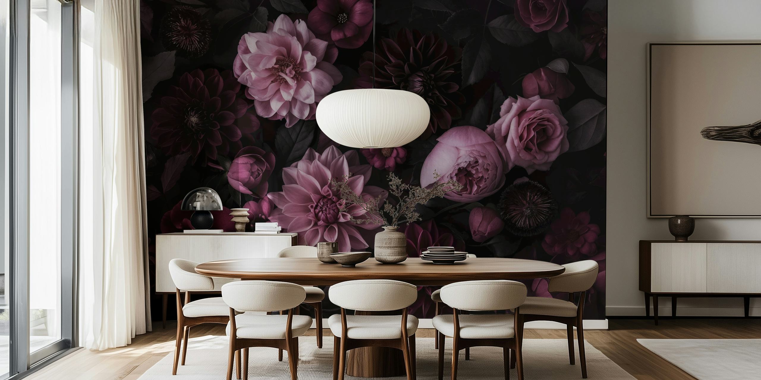Diseño de papel tapiz Dark moody pink dahlias y peonies