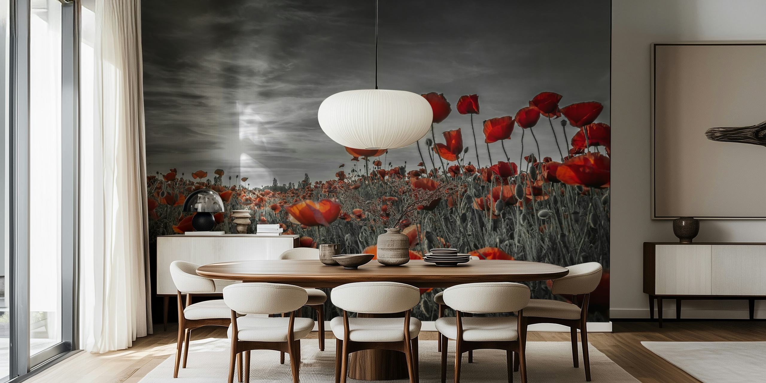 Poppies in the Sunset wall mural with red flowers against a monochrome background
