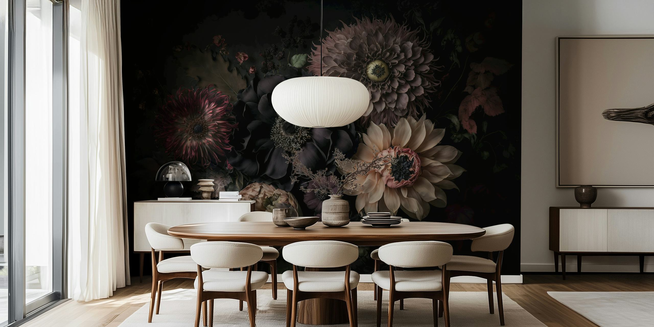 Donkere bloemen in verschillende tinten op zwart achtergrond wallpaper