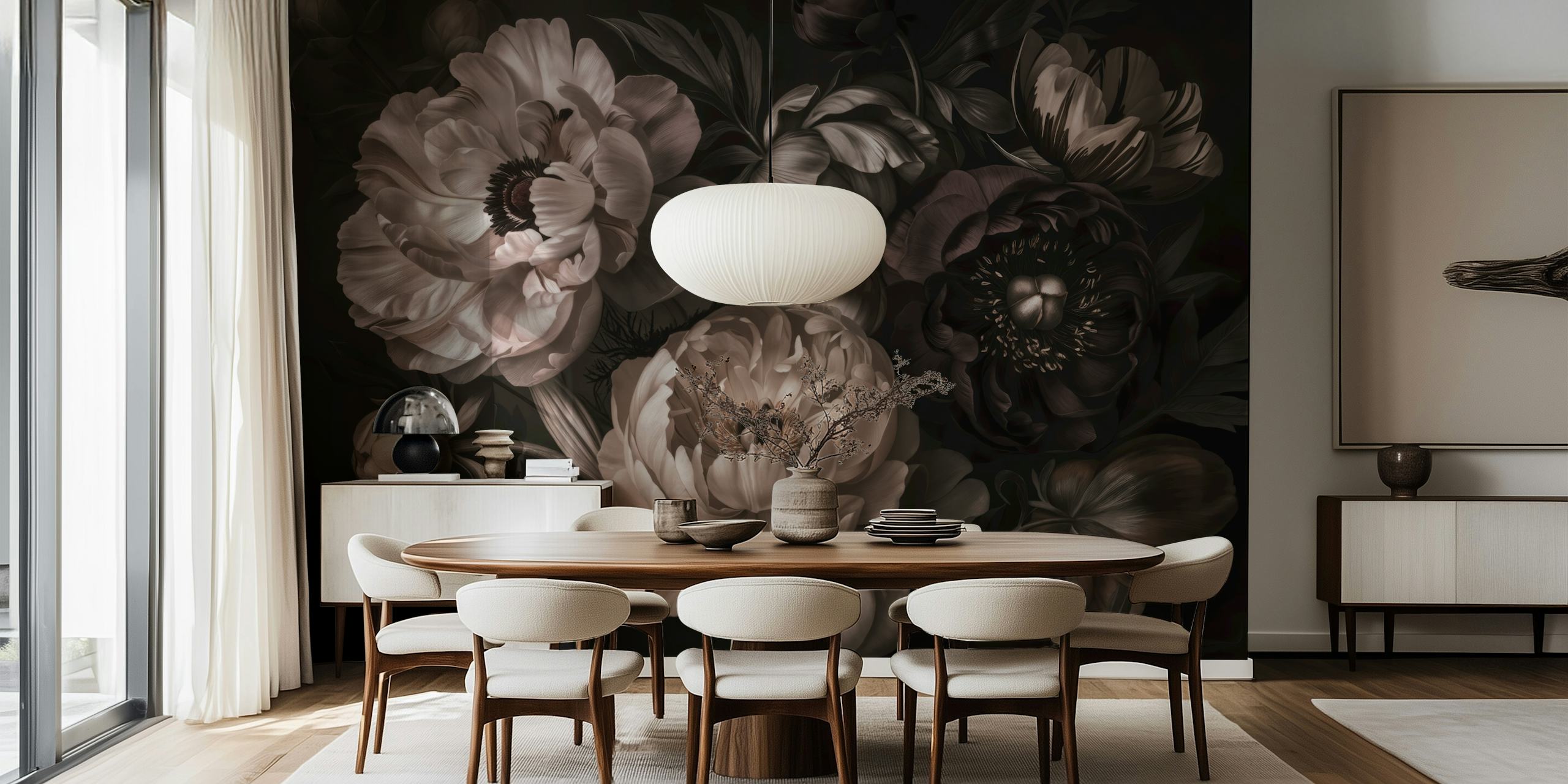 Dark moody floral tapet i ett stiligt rum