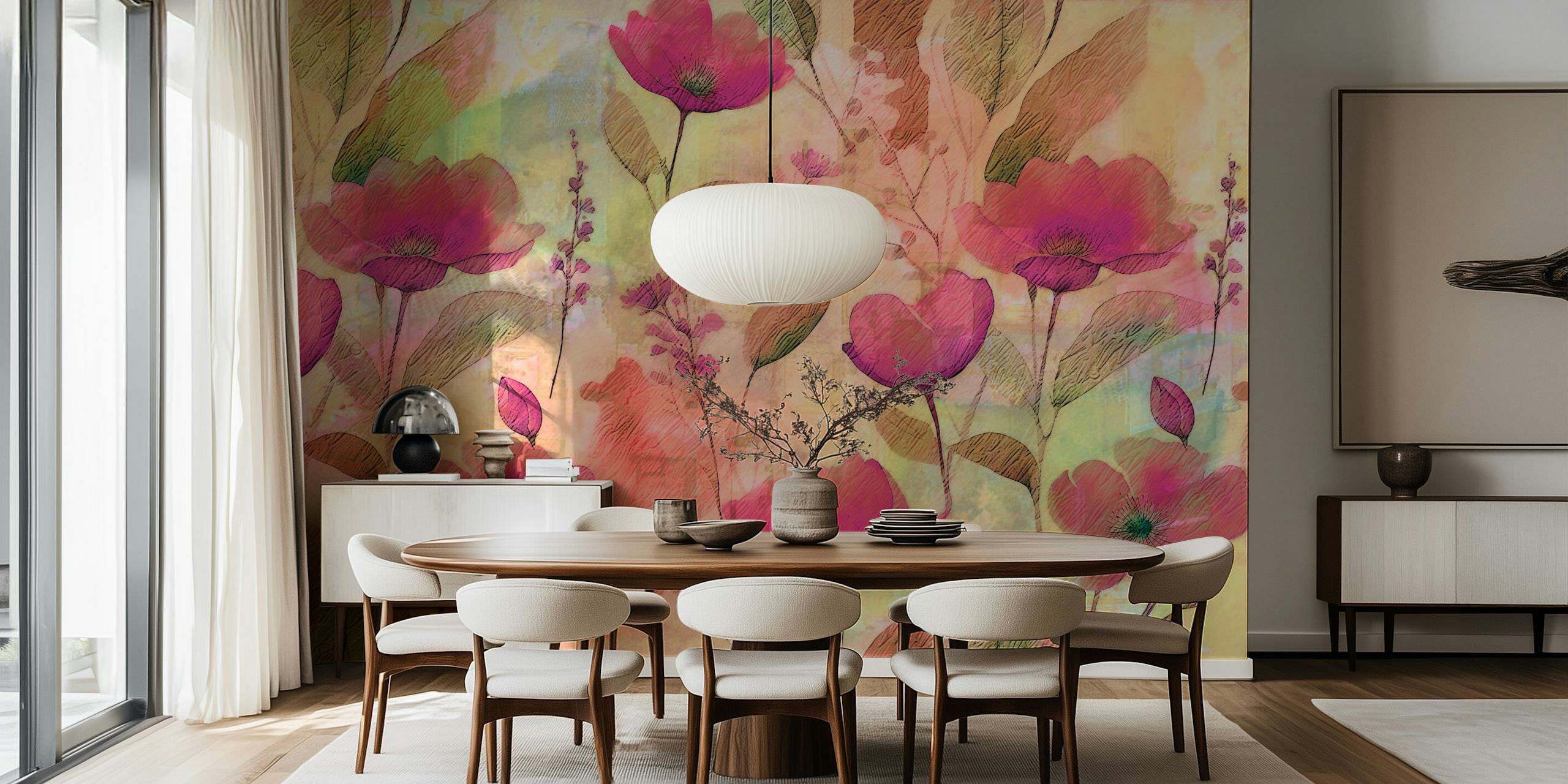 Antique lush opulent poppy lavender flower wallpaper in a room