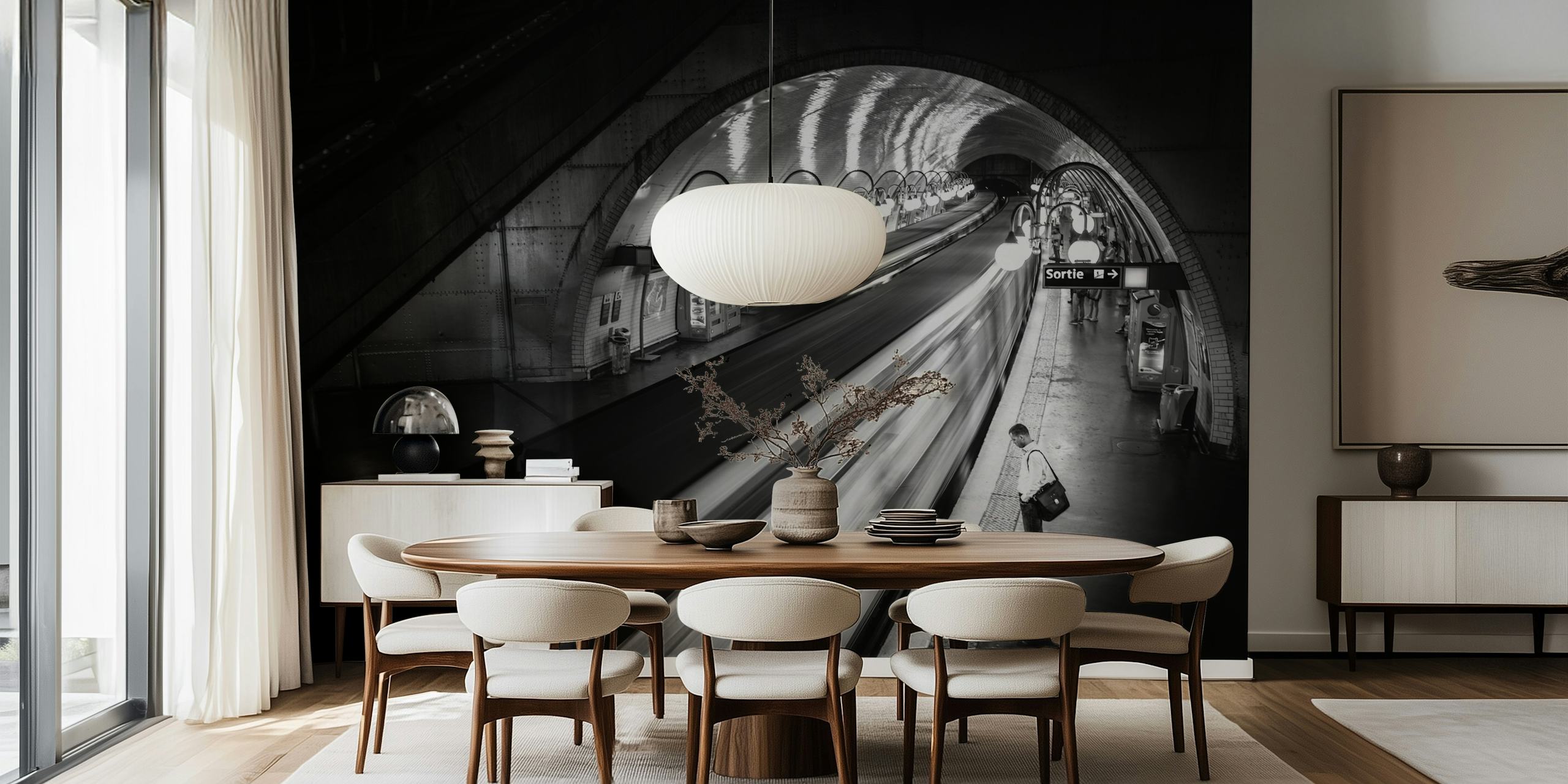 Black and white Paris Metro subway scene wallpaper