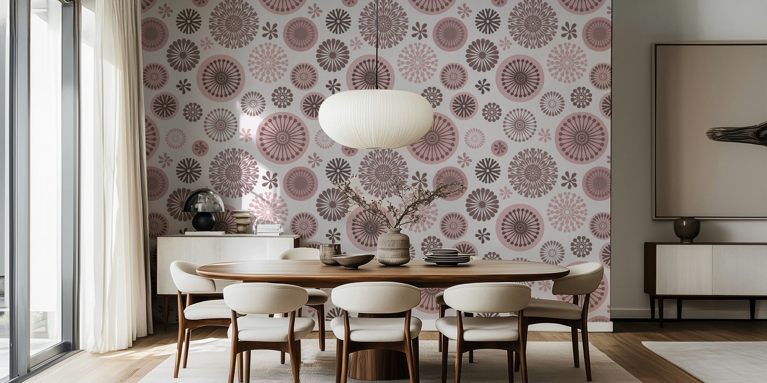 Retro floral pattern in pastel pink and brown wallpaper