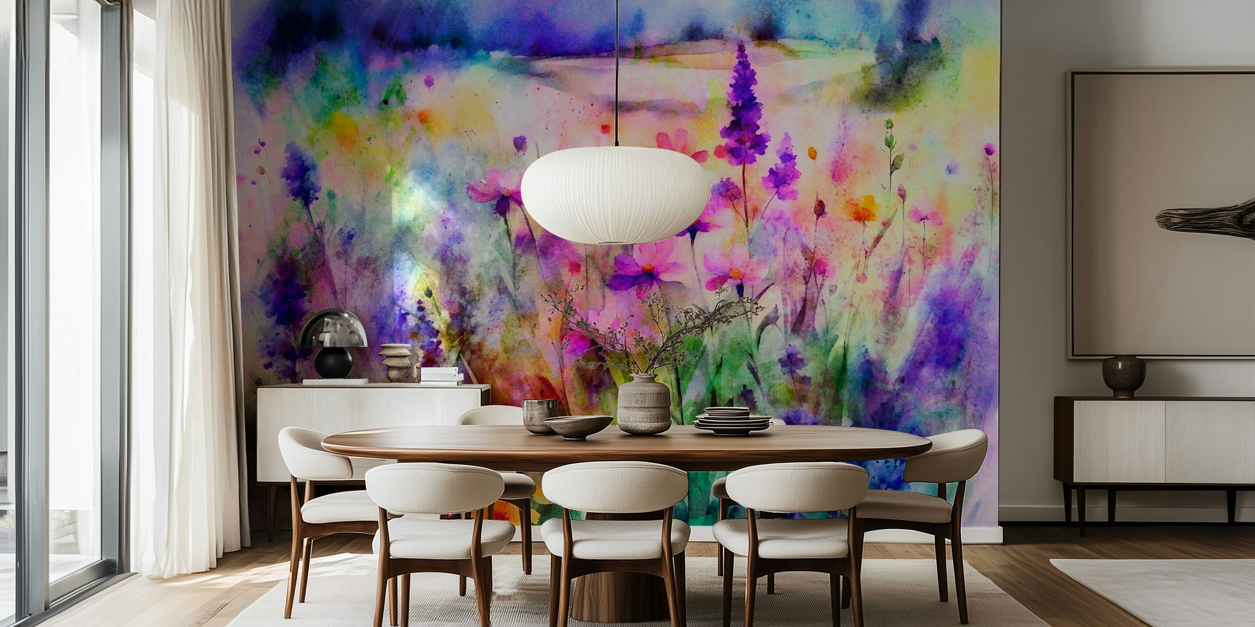 Färgglad akvarell tapet av ett drömskt blomsterlandskap