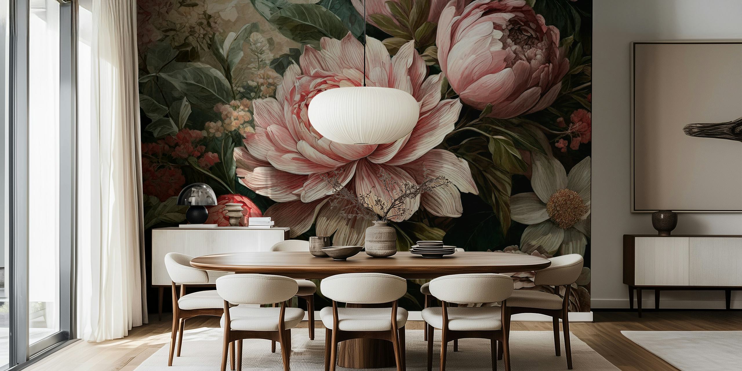 Fleurs vintage aux teintes roses et vertes sur fond naturel, wallpaper