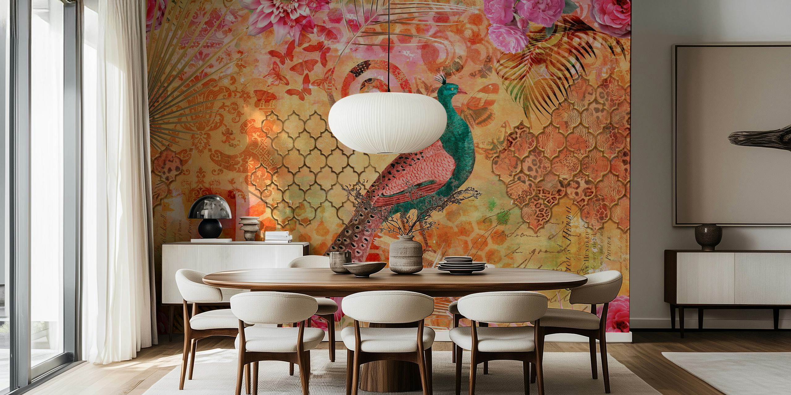 Colorful peacock and floral patterns in pink and orange wallpaper