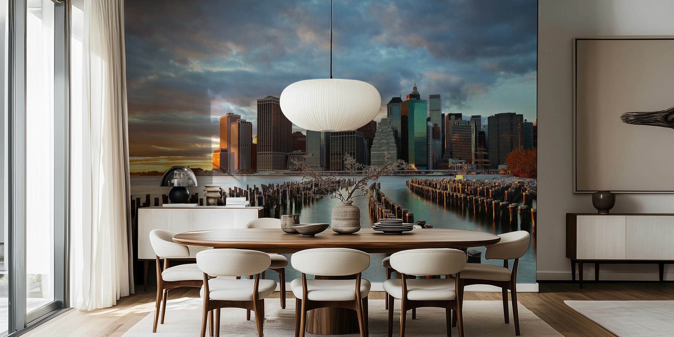 NYC skyline wallpaper displayed in a room