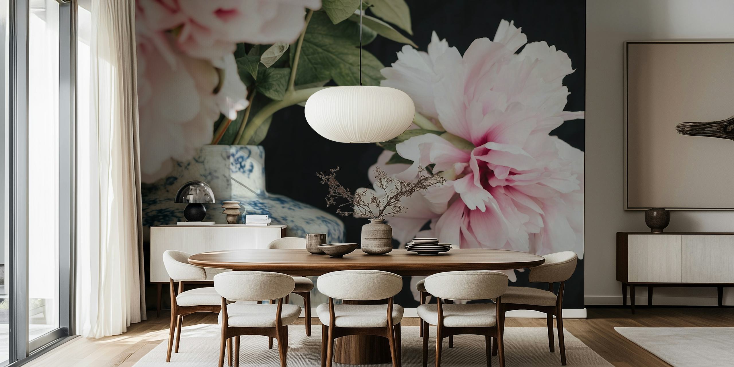 Pink peony flowers in a blue vase on black background wallpaper