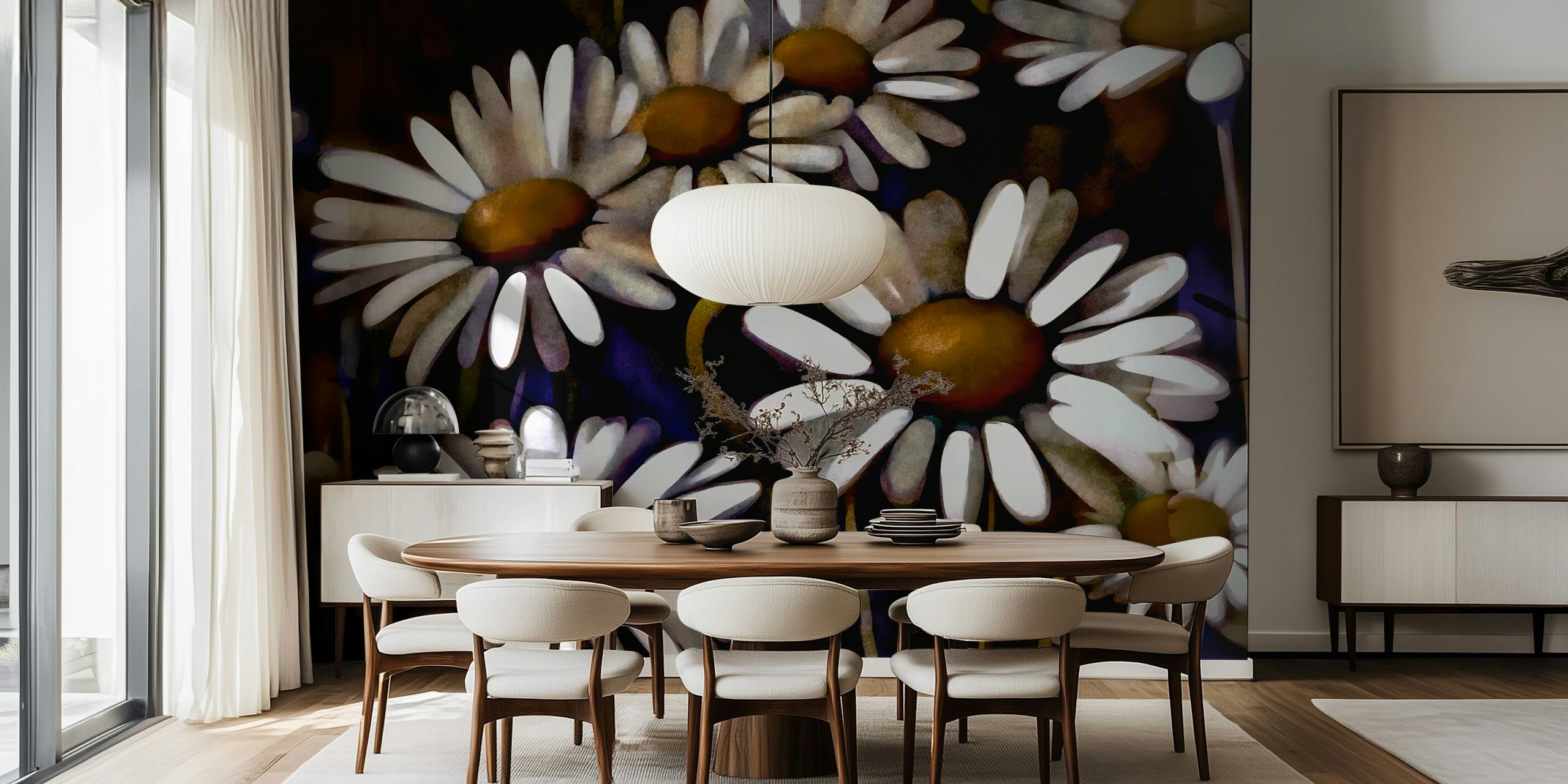 Close-up image of dark, moody daisies with a deep color contrast for wall mural