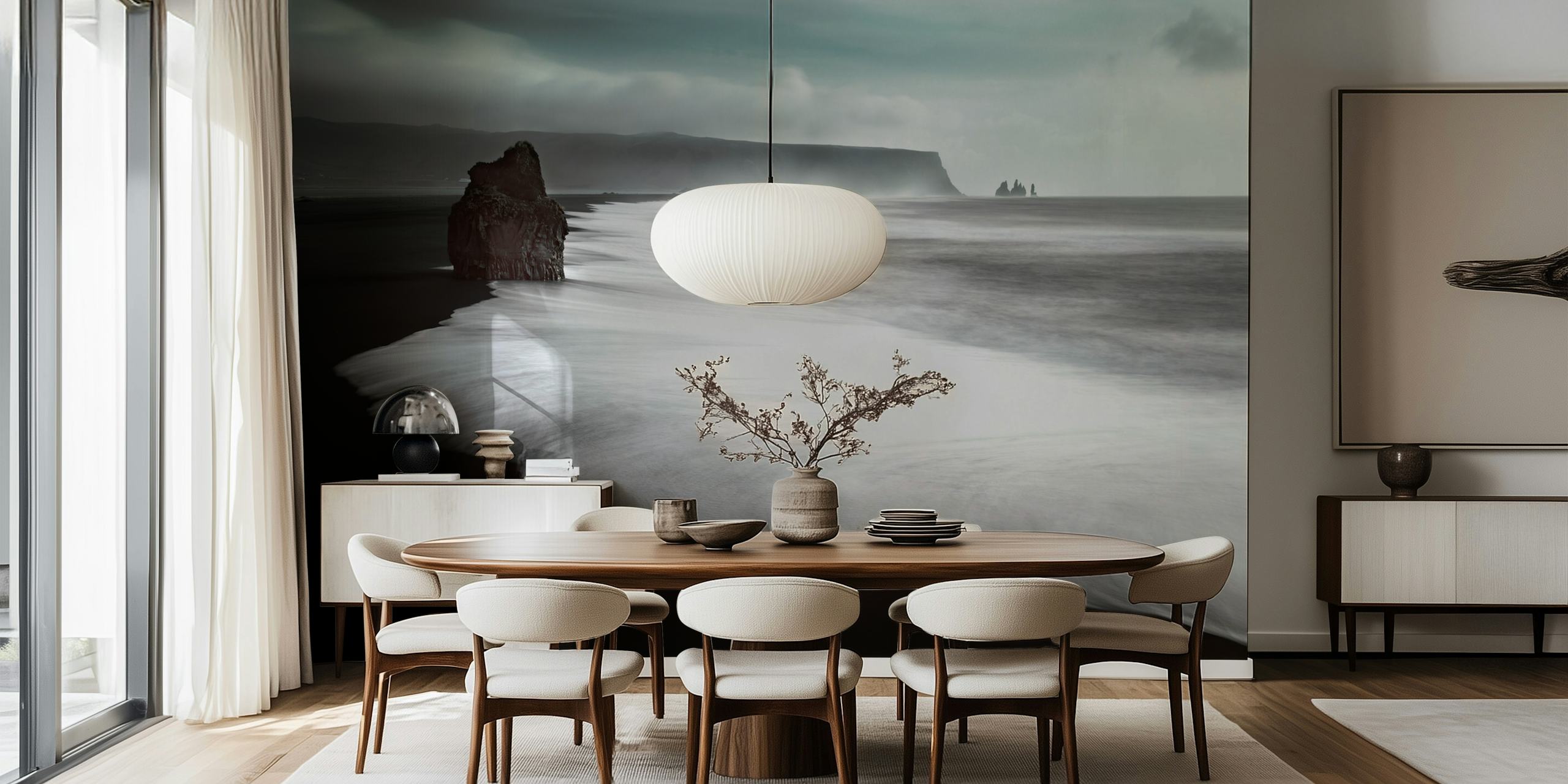 Monochrome wall mural depicting a dark beach with foamy waves