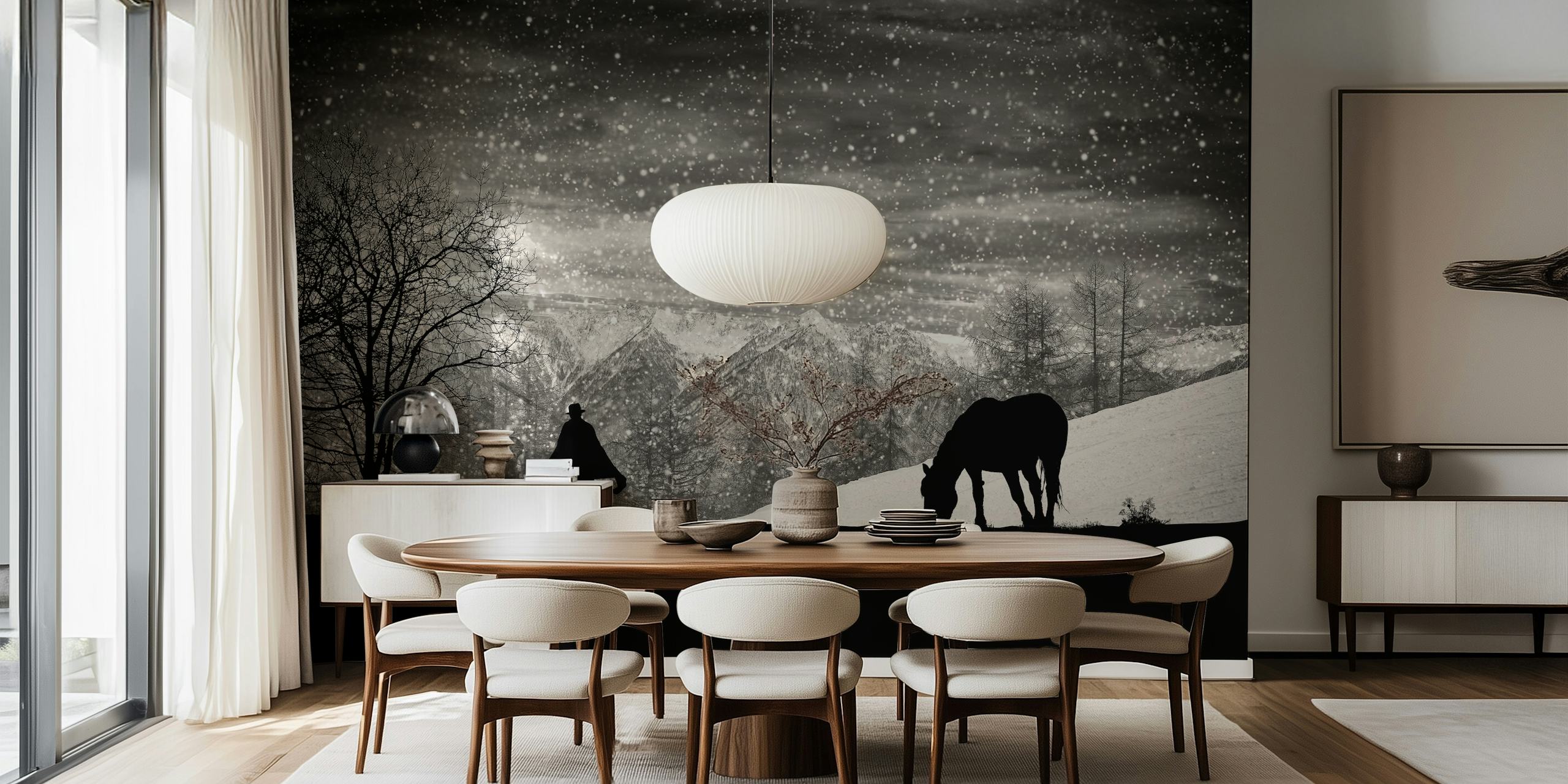 Wallpaper design featuring a person and horse in nature