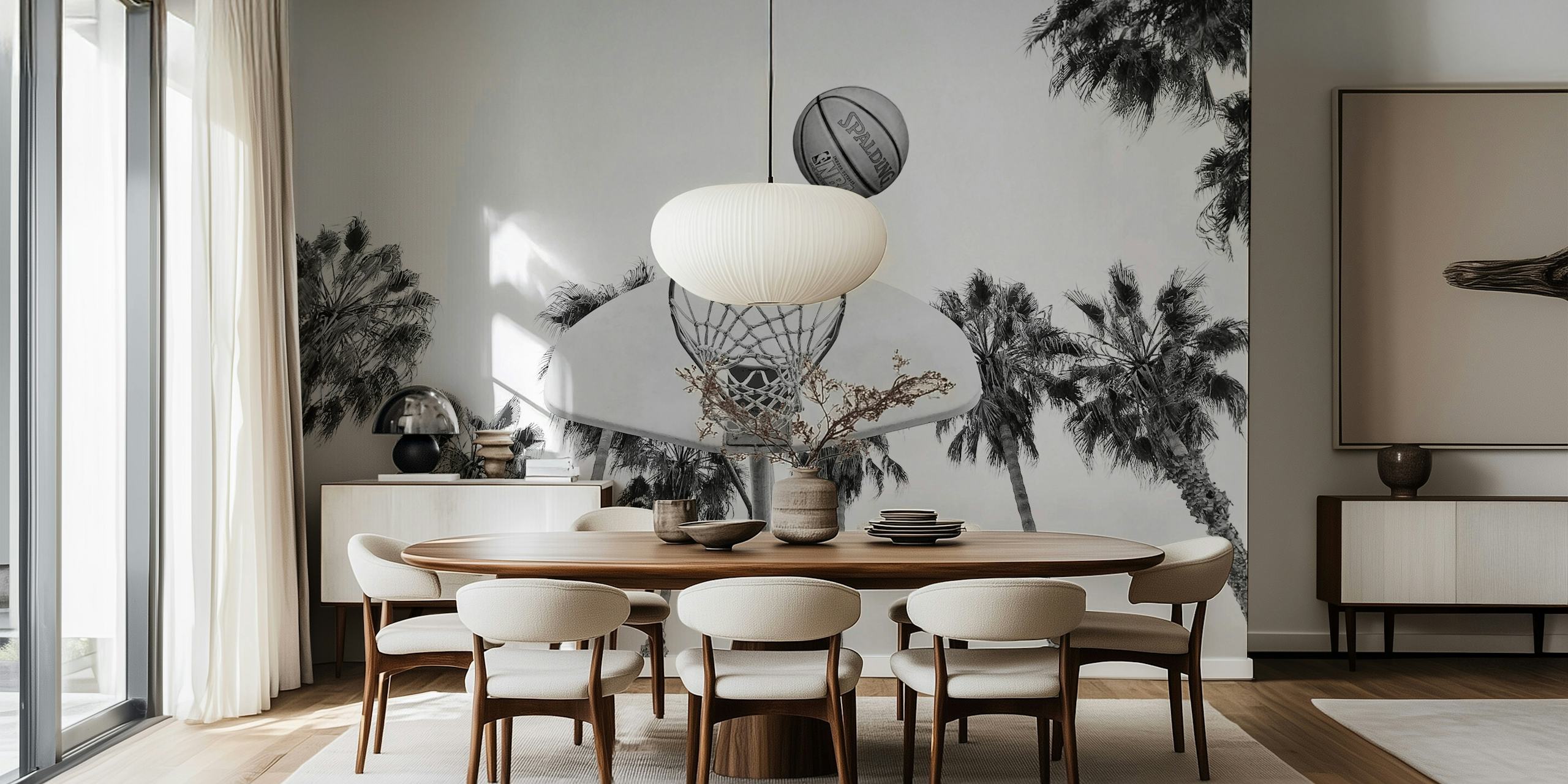 Basketball hoop and palm trees in black and white wallpaper design