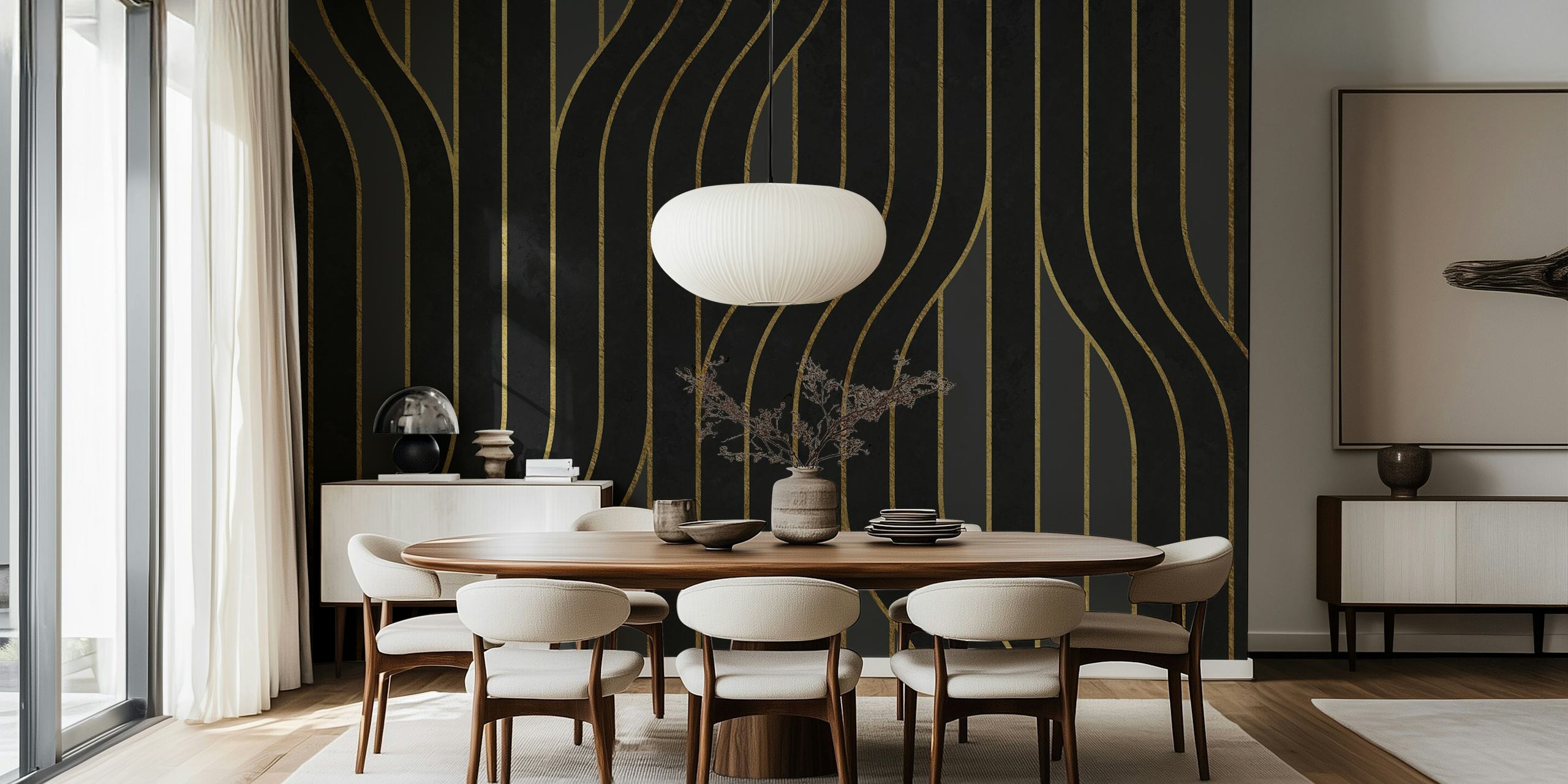 Abstract line art charcoal wallpaper in a room