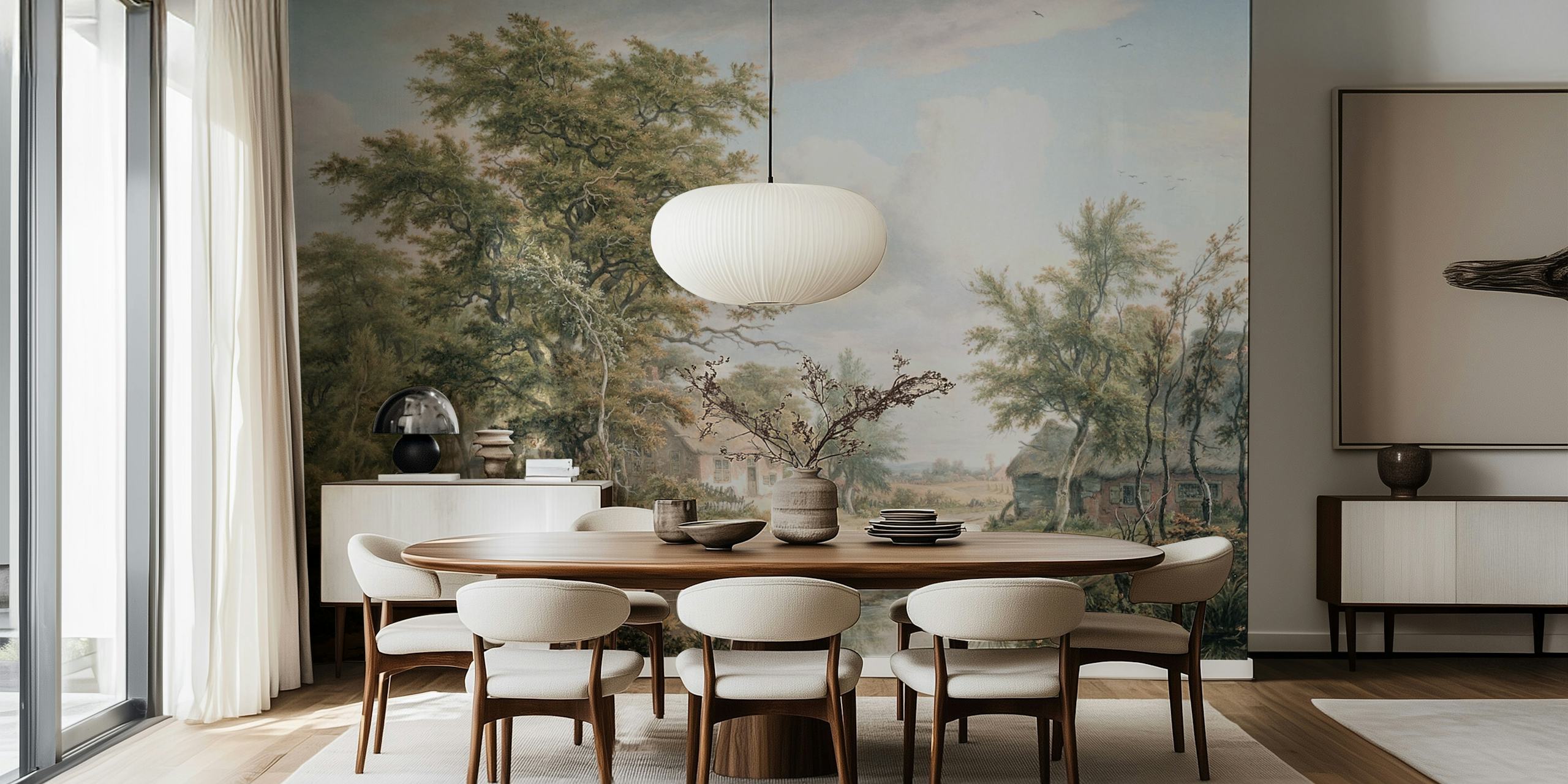Painted landscape wallpaper in a room