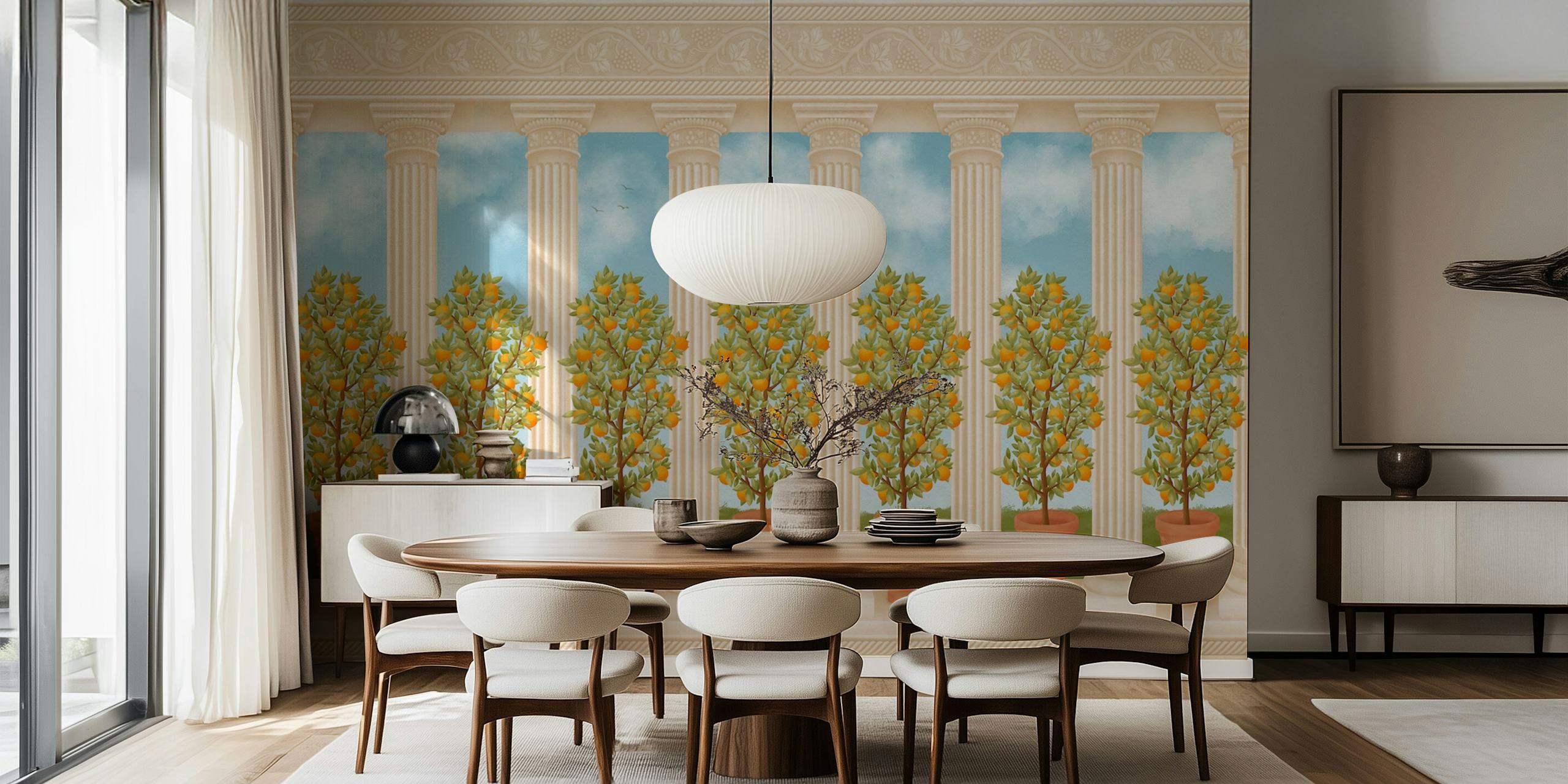 Italian villa scene with orange trees in pots, blue sky wallpaper