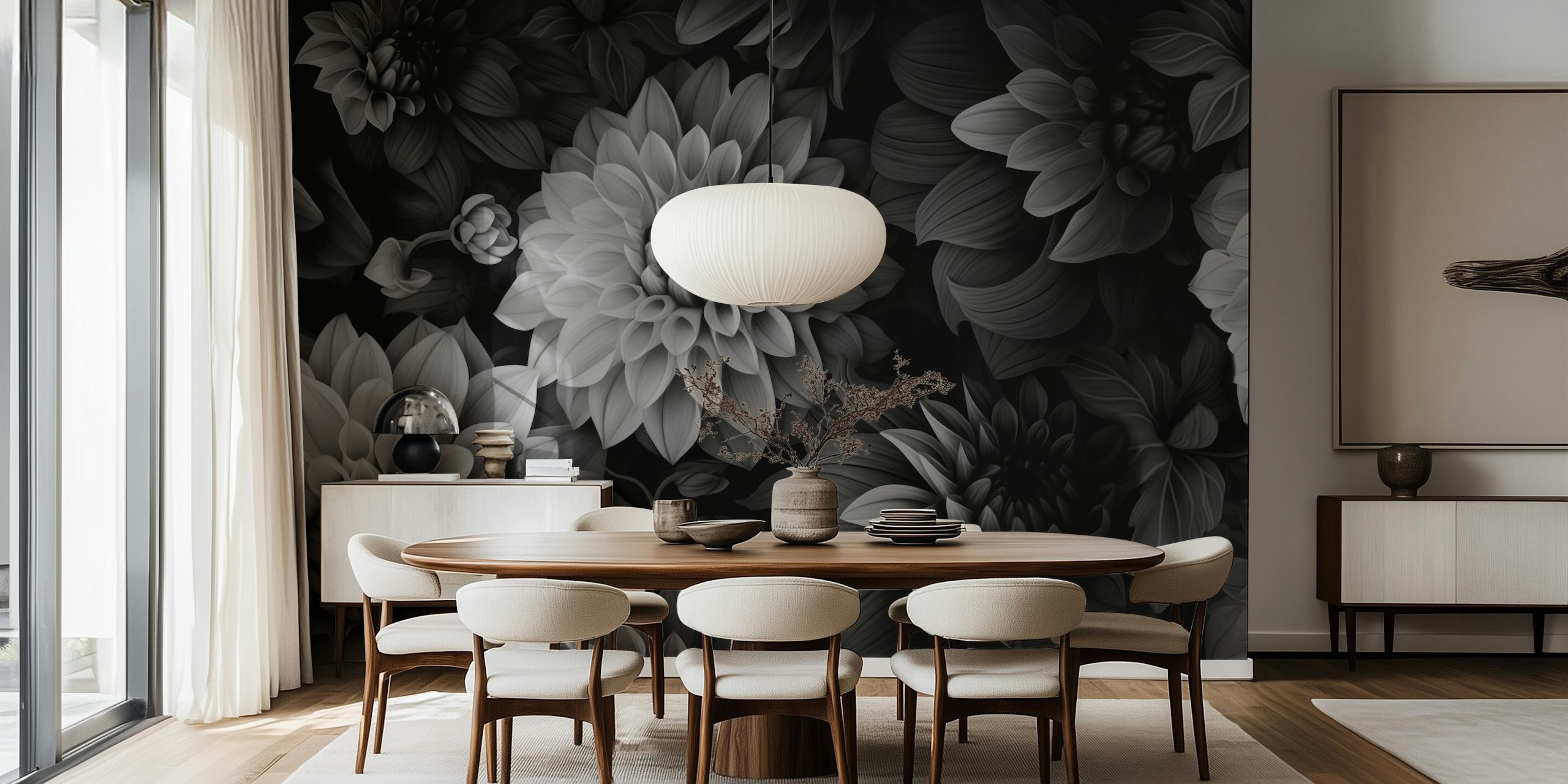Black and white dahlia flowers and leaves wallpaper