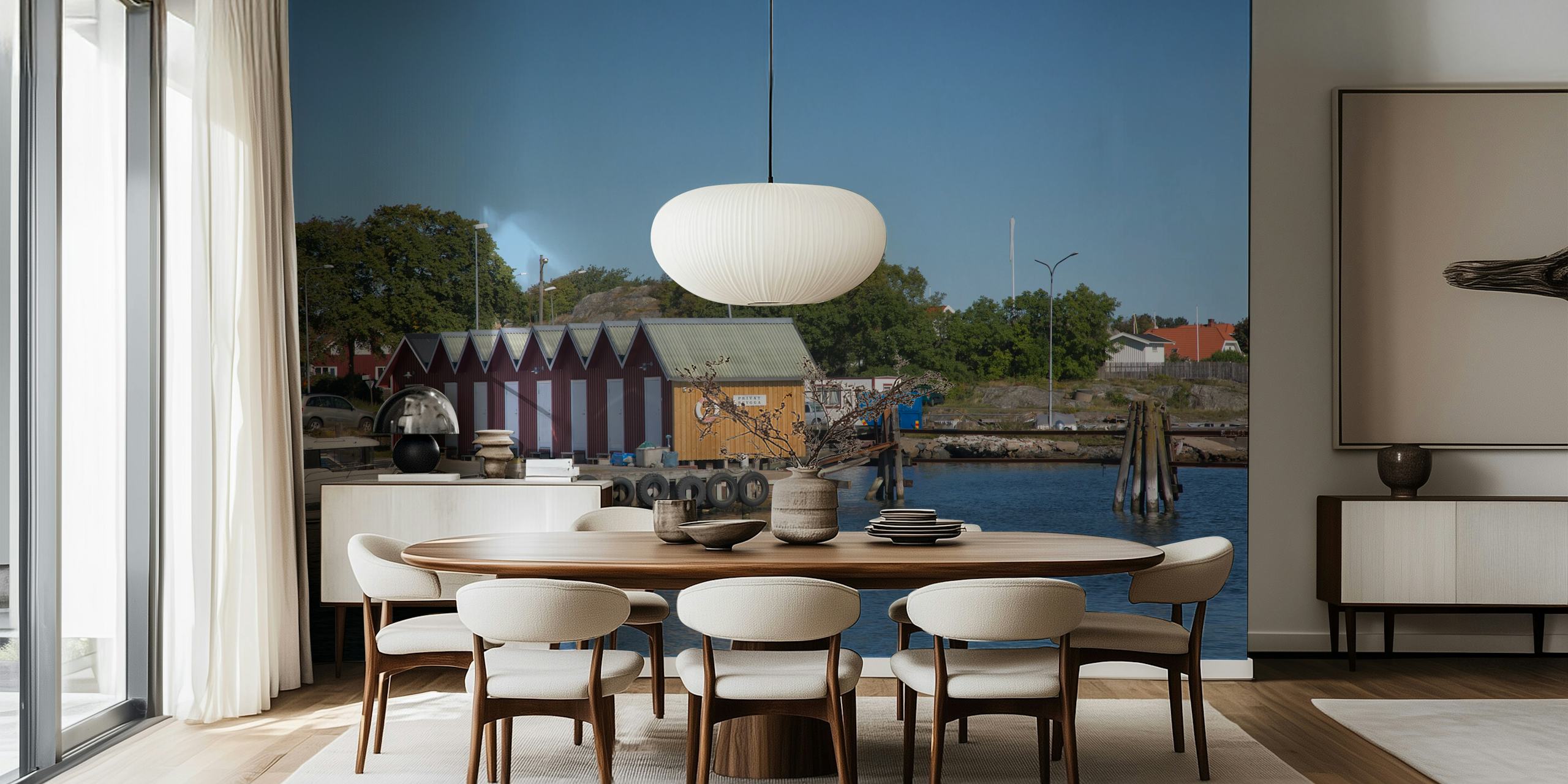 Scandinavian coastal scene with boat huts along the water in Sweden wall mural
