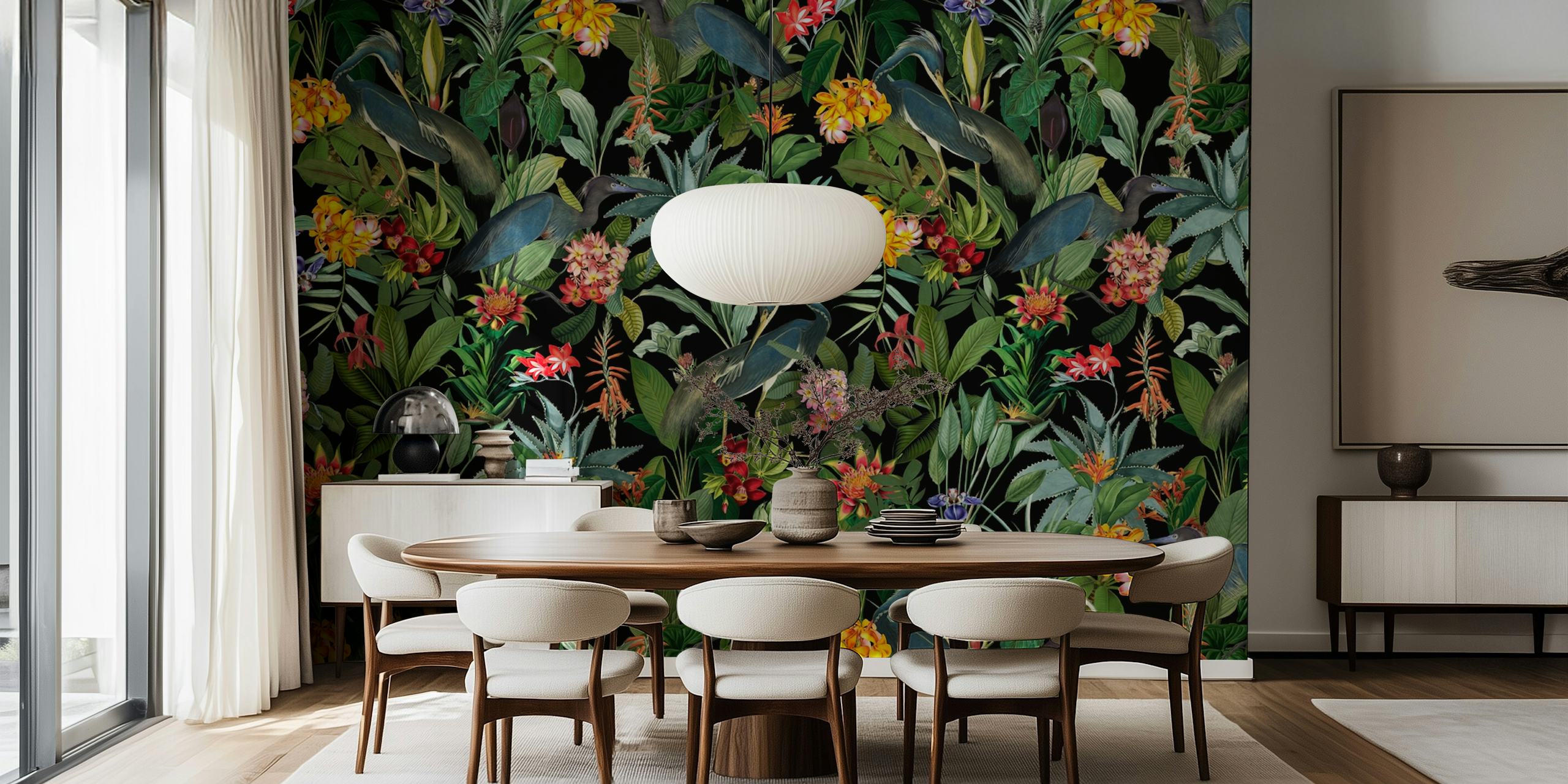 Blue Heron Flower Jungle wallpaper in a room