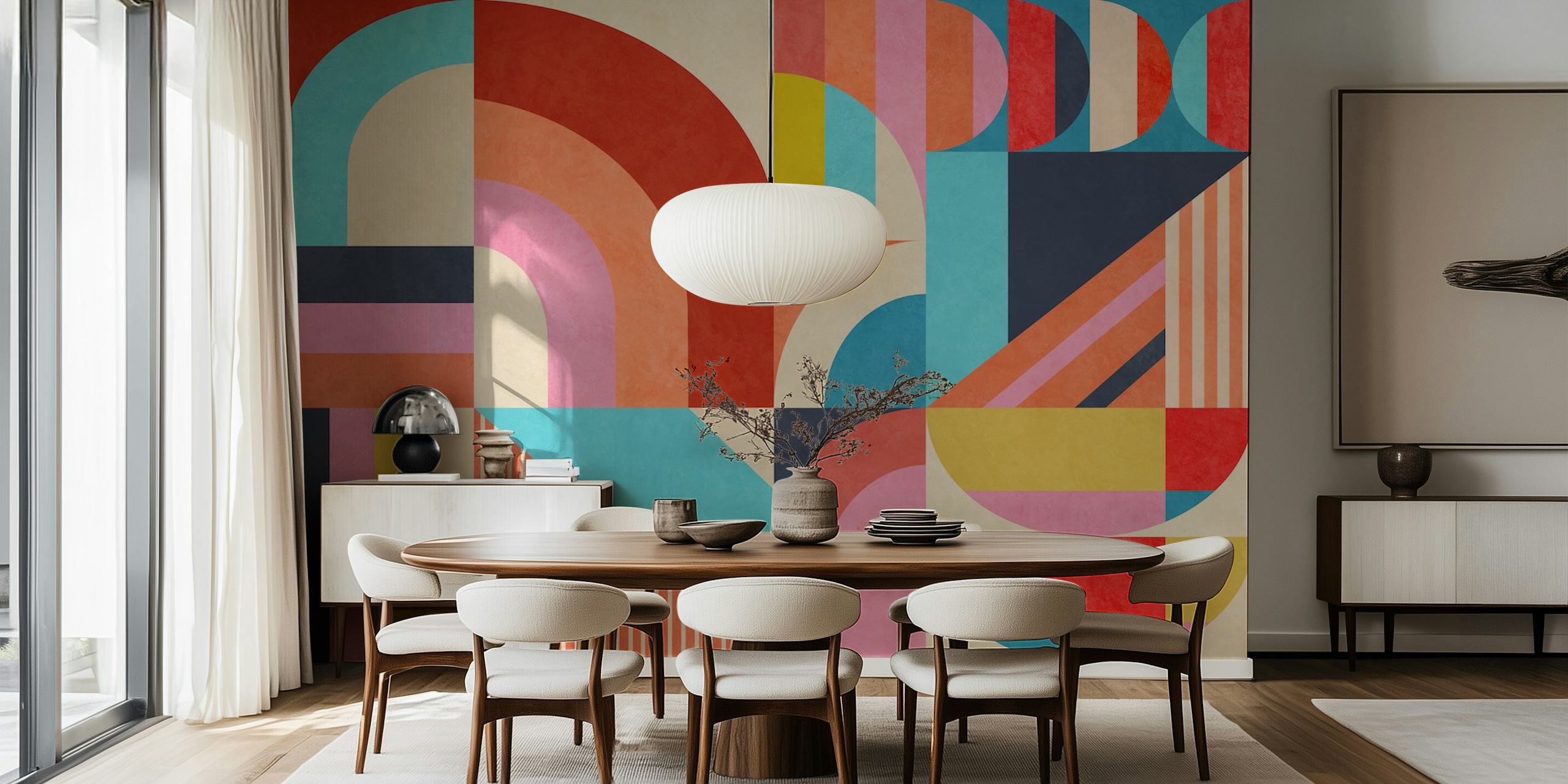 Apstraktni geometrijski zidni mural s mješavinom toplih i hladnih tonova